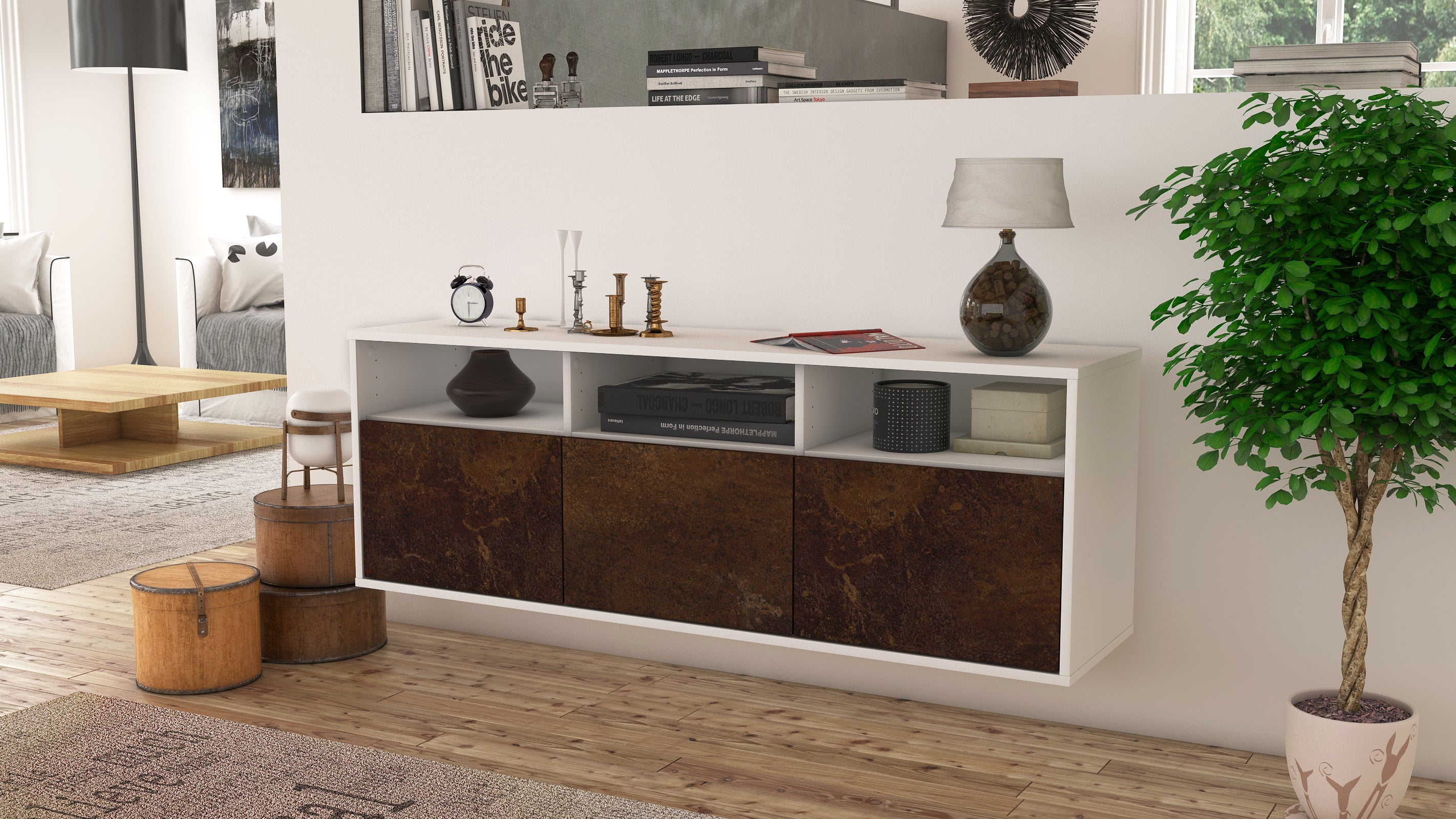 Lowboard - Anella - Design Industrie Stil - Wandmontage mit Push to Open 136 cm Weiss