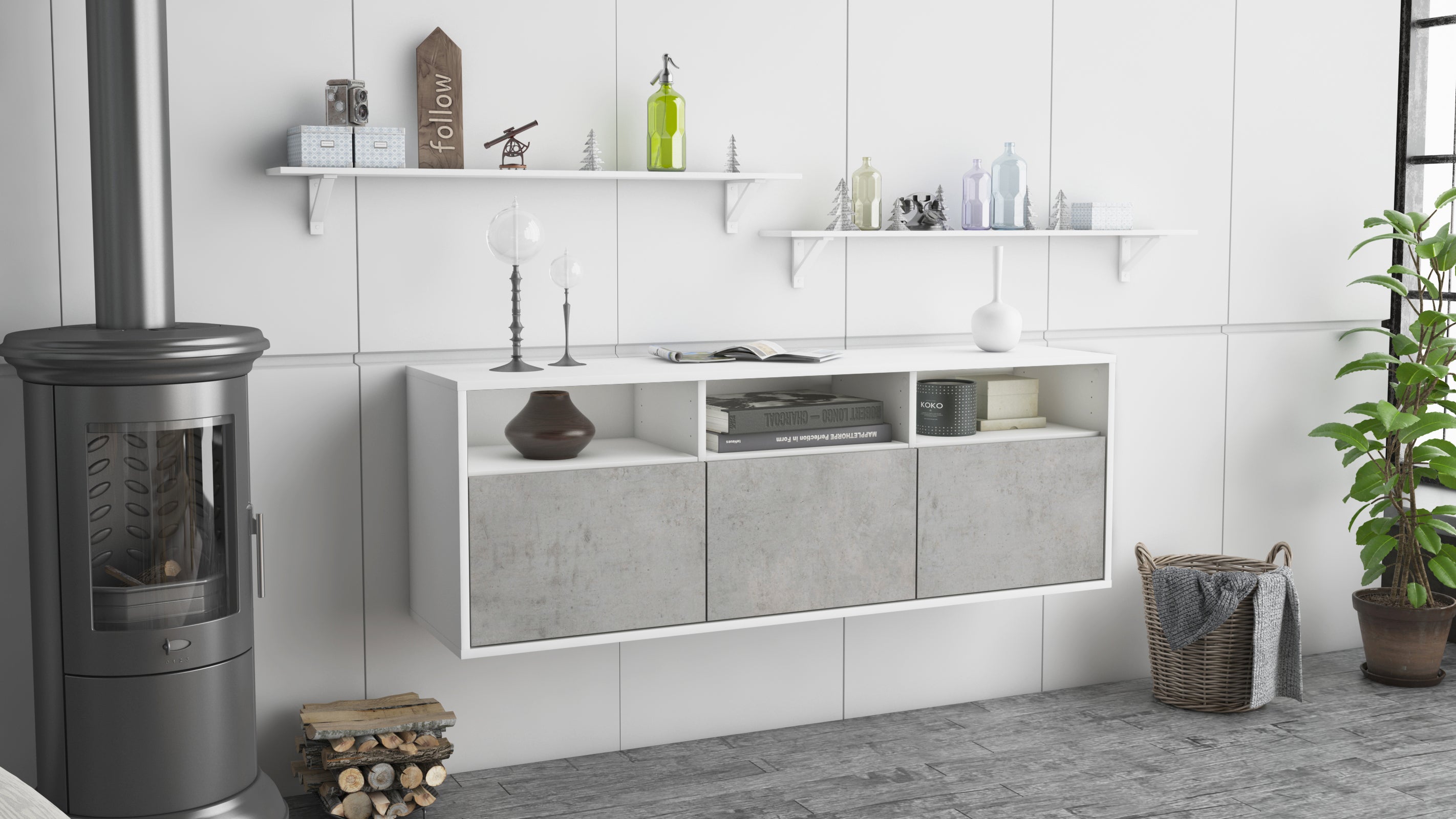 Lowboard - Anella - Design Industrie Stil - Wandmontage mit Push to Open 136 cm Weiss