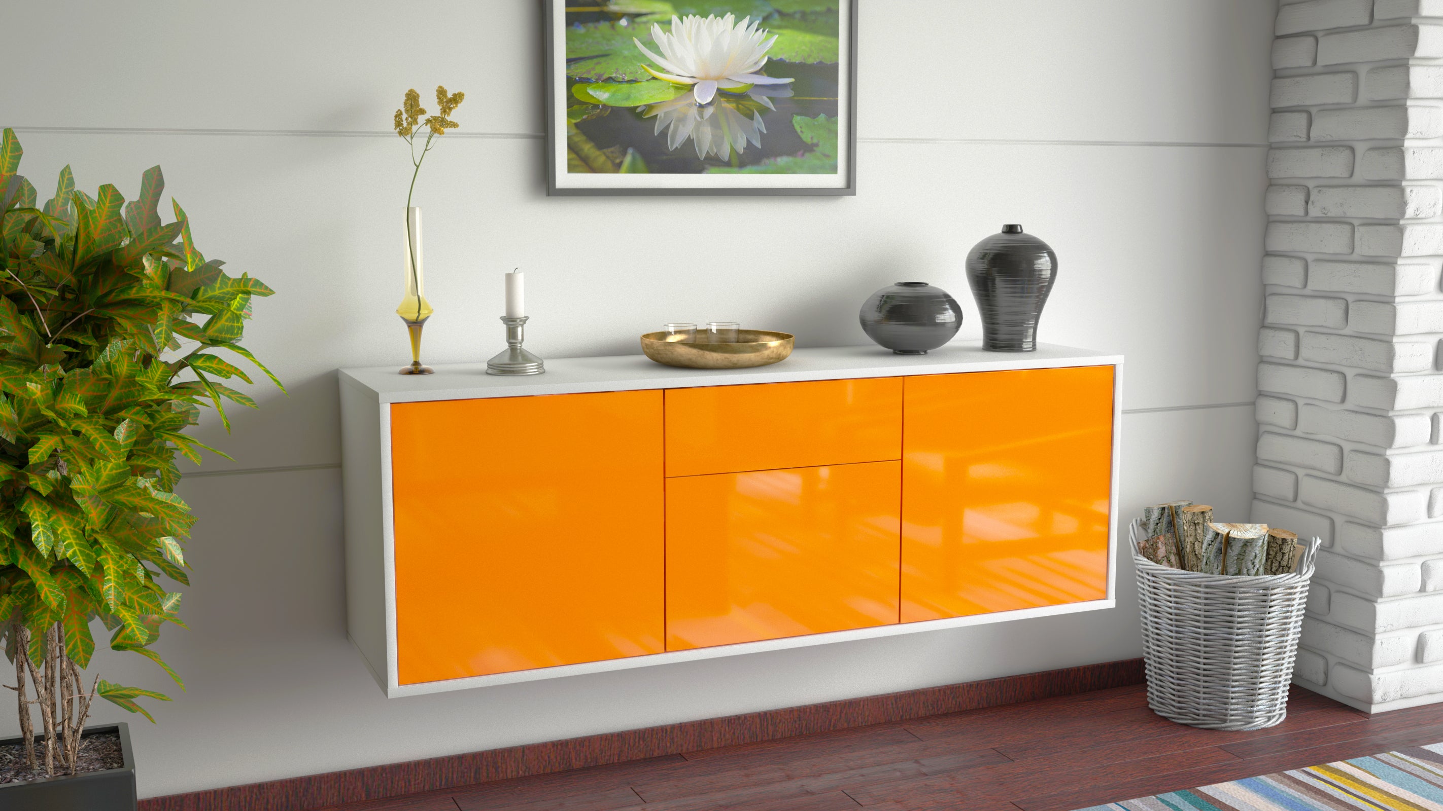 Lowboard - Angela - Design Hochglanz - Wandmontage mit Push to Open 136 cm Weiss