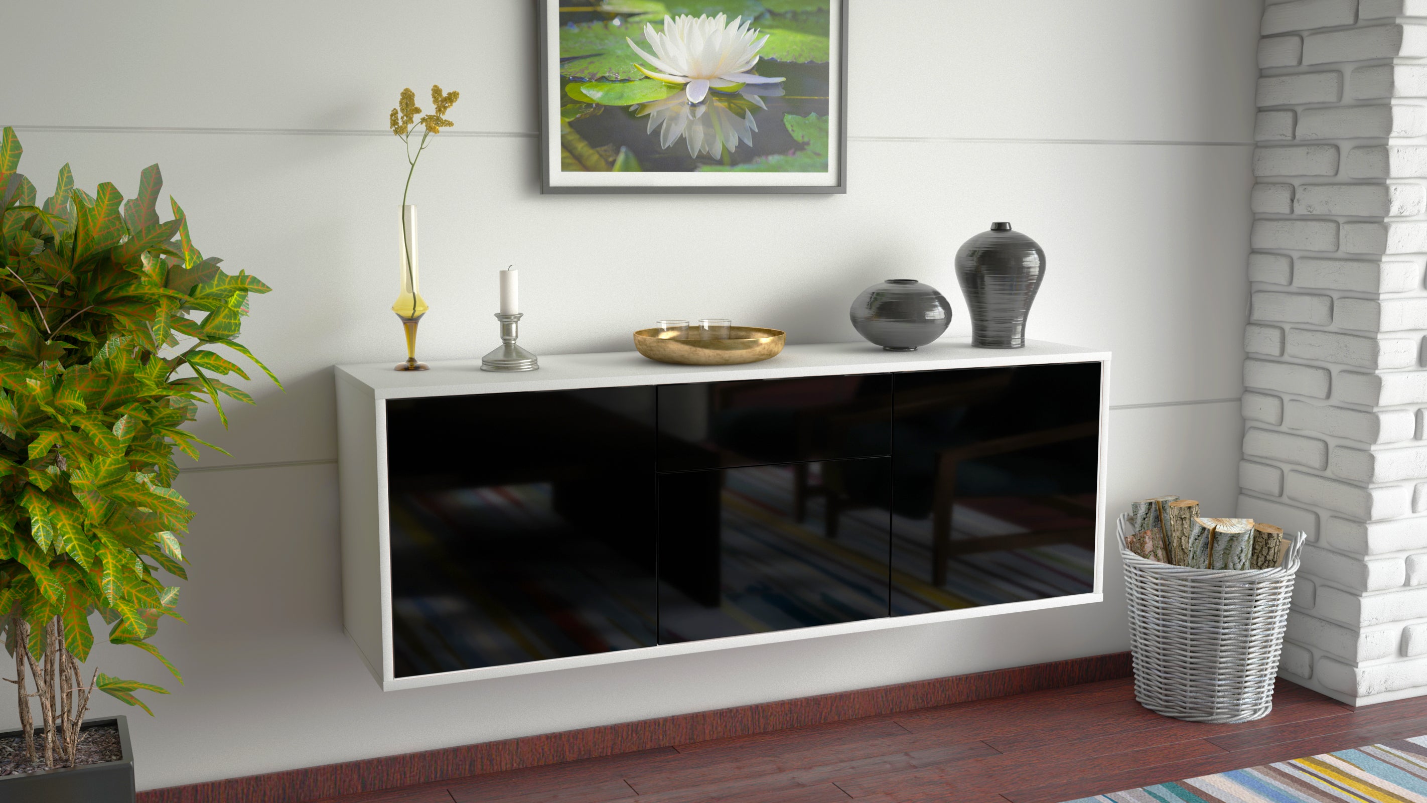 Lowboard - Angela - Design Hochglanz - Wandmontage mit Push to Open 136 cm Weiss