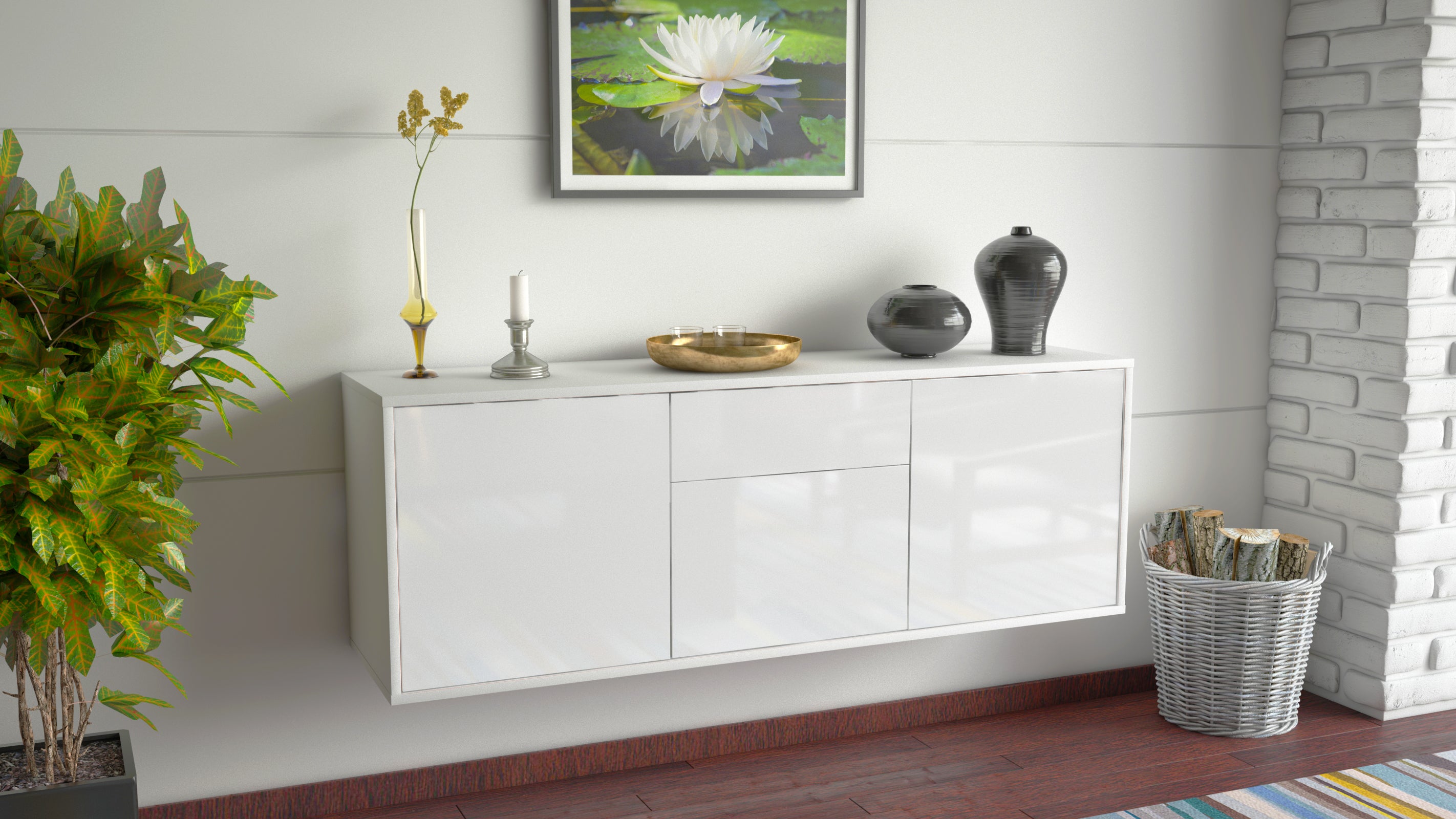 Lowboard - Angela - Design Hochglanz - Wandmontage mit Push to Open 136 cm Weiss