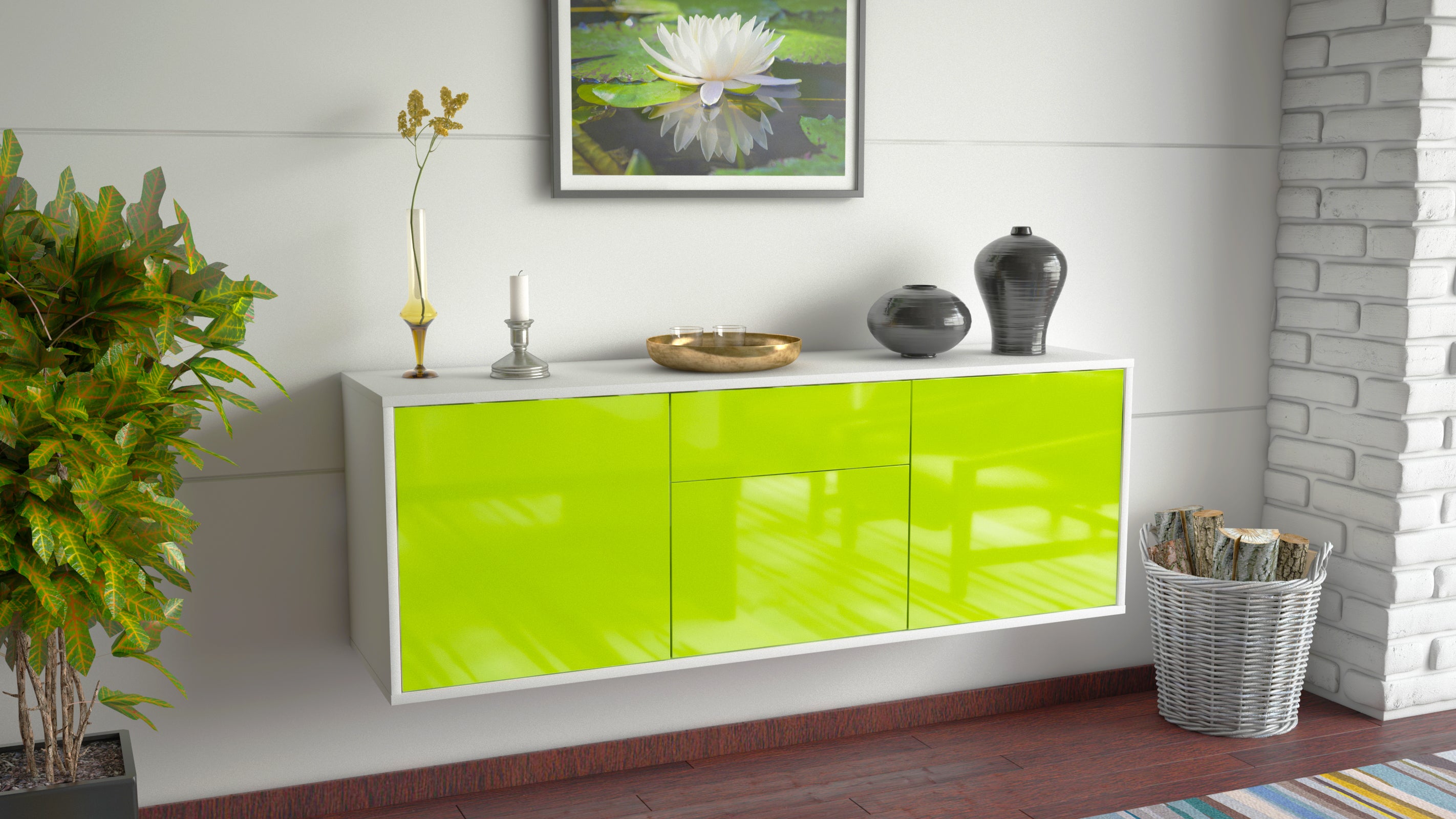 Lowboard - Angela - Design Hochglanz - Wandmontage mit Push to Open 136 cm Weiss