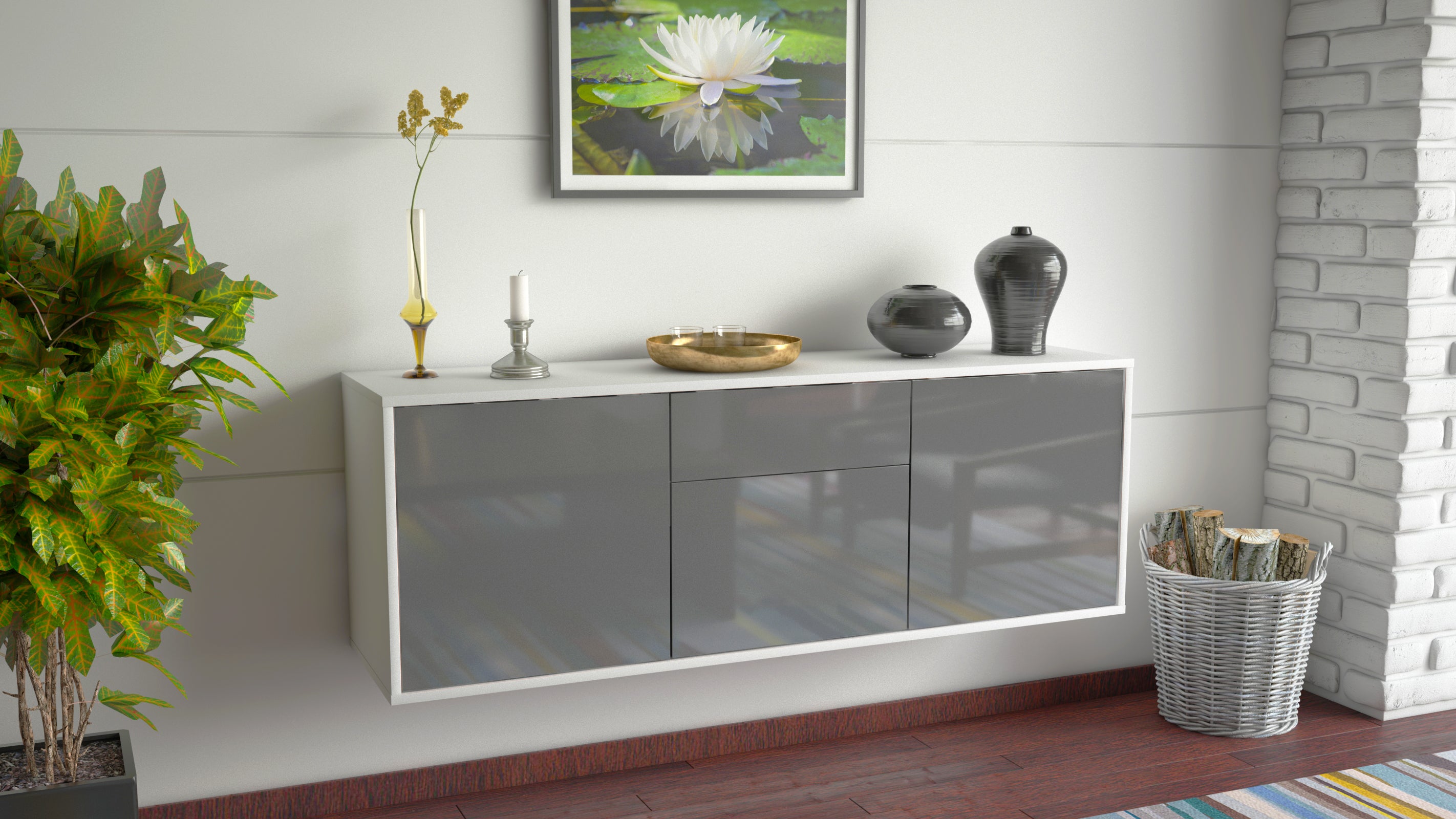 Lowboard - Angela - Design Hochglanz - Wandmontage mit Push to Open 136 cm Weiss