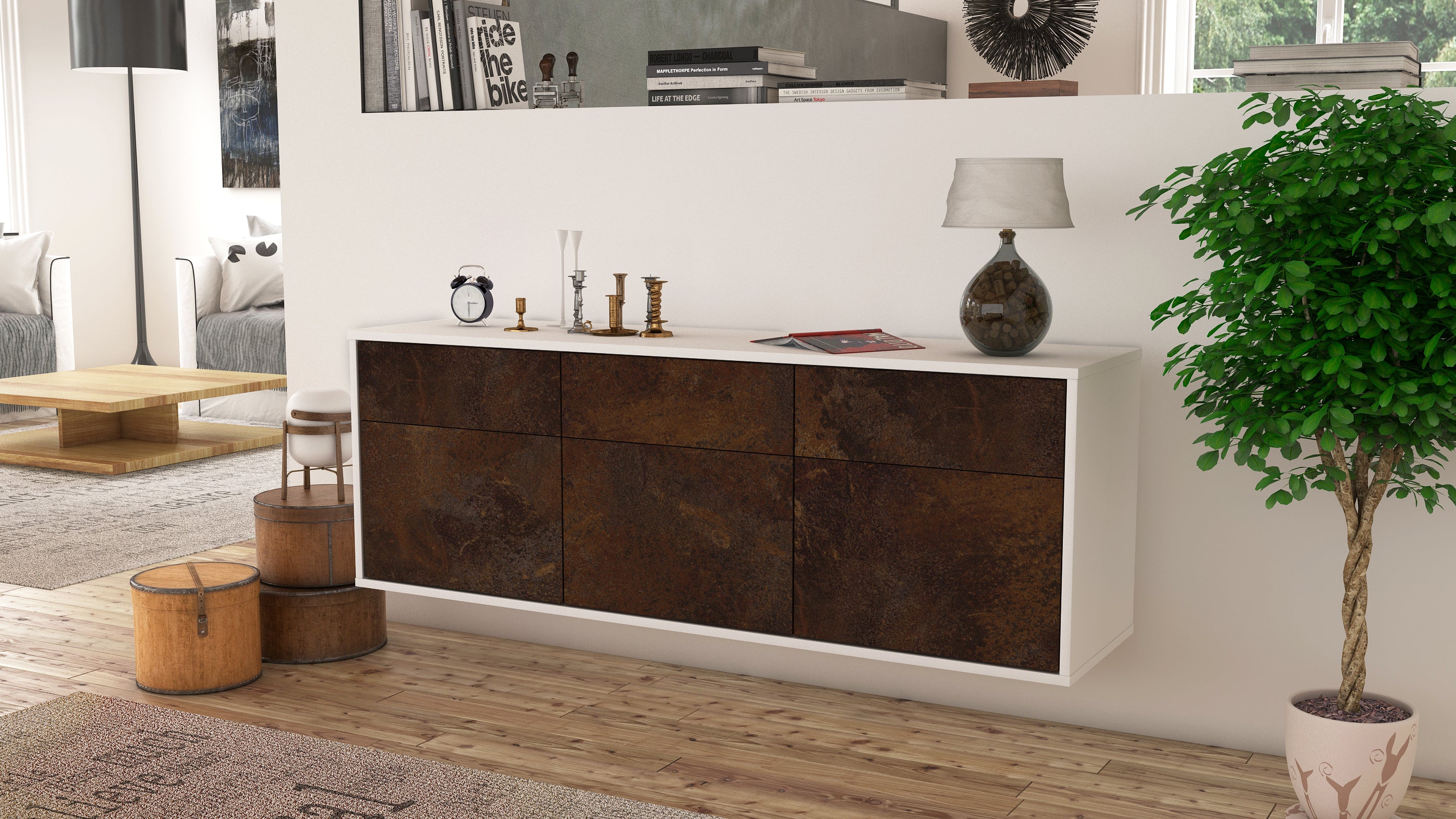 Lowboard - Angelina - Design Industrie Stil - Wandmontage mit Push to Open 136 cm Weiss