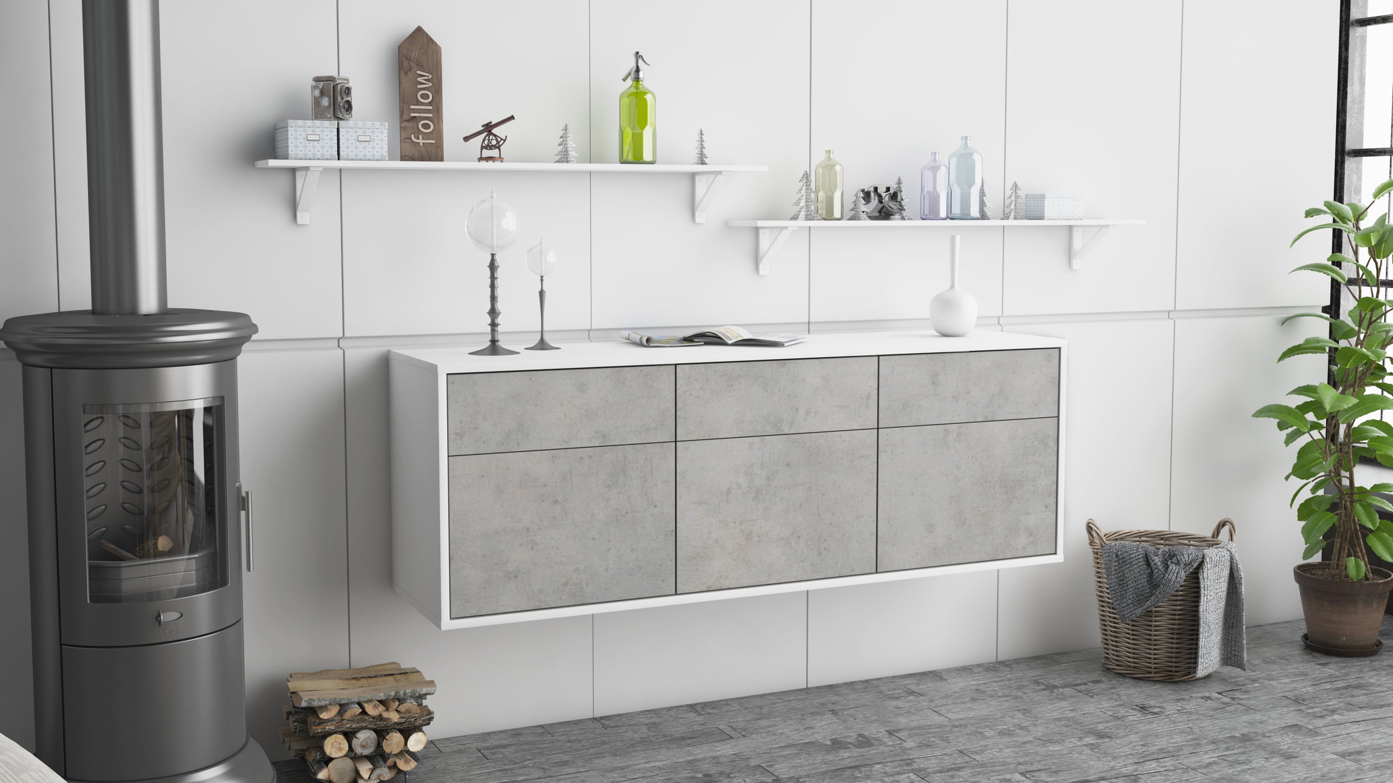 Lowboard - Angelina - Design Industrie Stil - Wandmontage mit Push to Open 136 cm Weiss