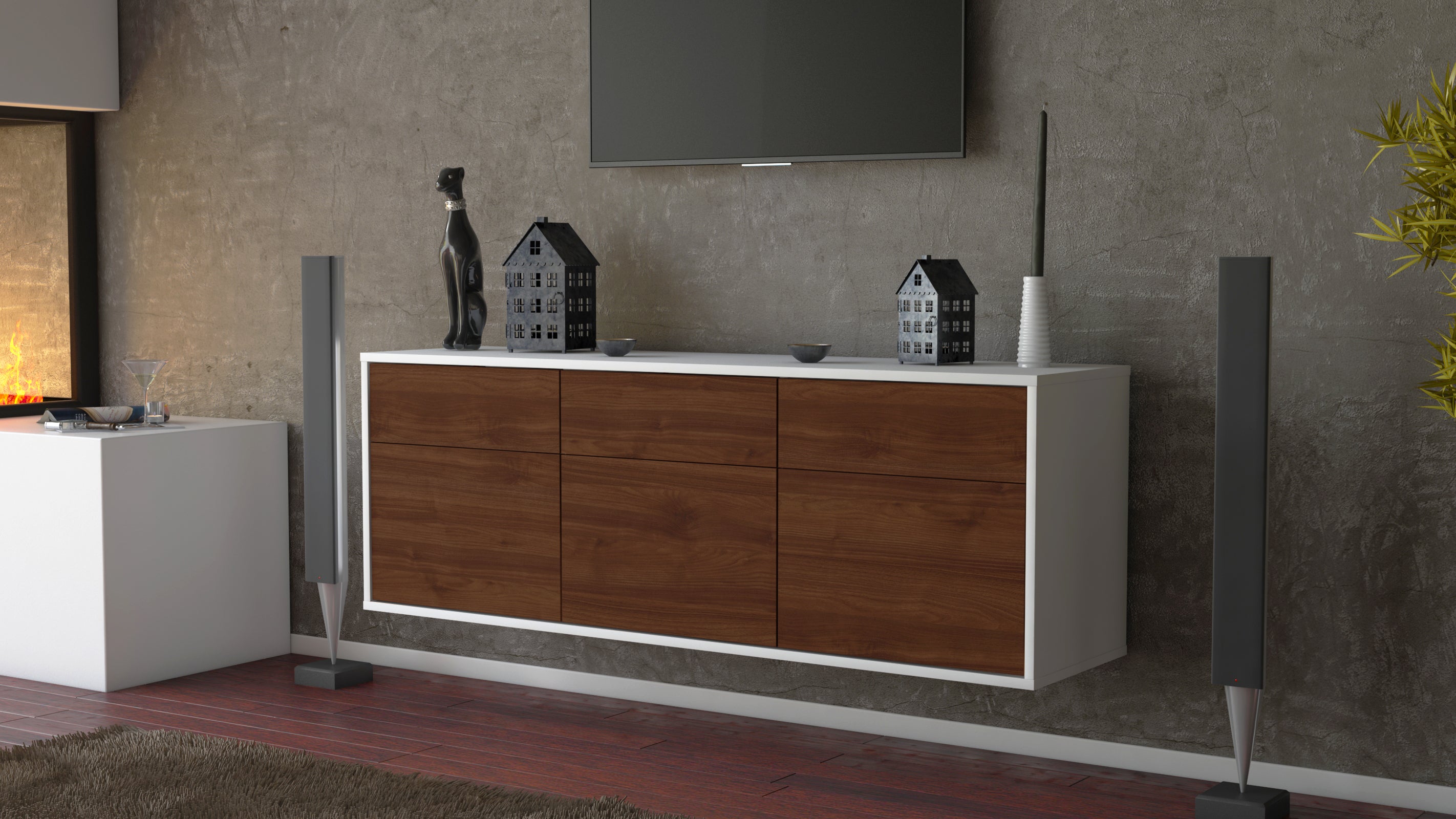 Lowboard - Angelina - Design Holzdekor - Wandmontage mit Push to Open 136 cm Weiss