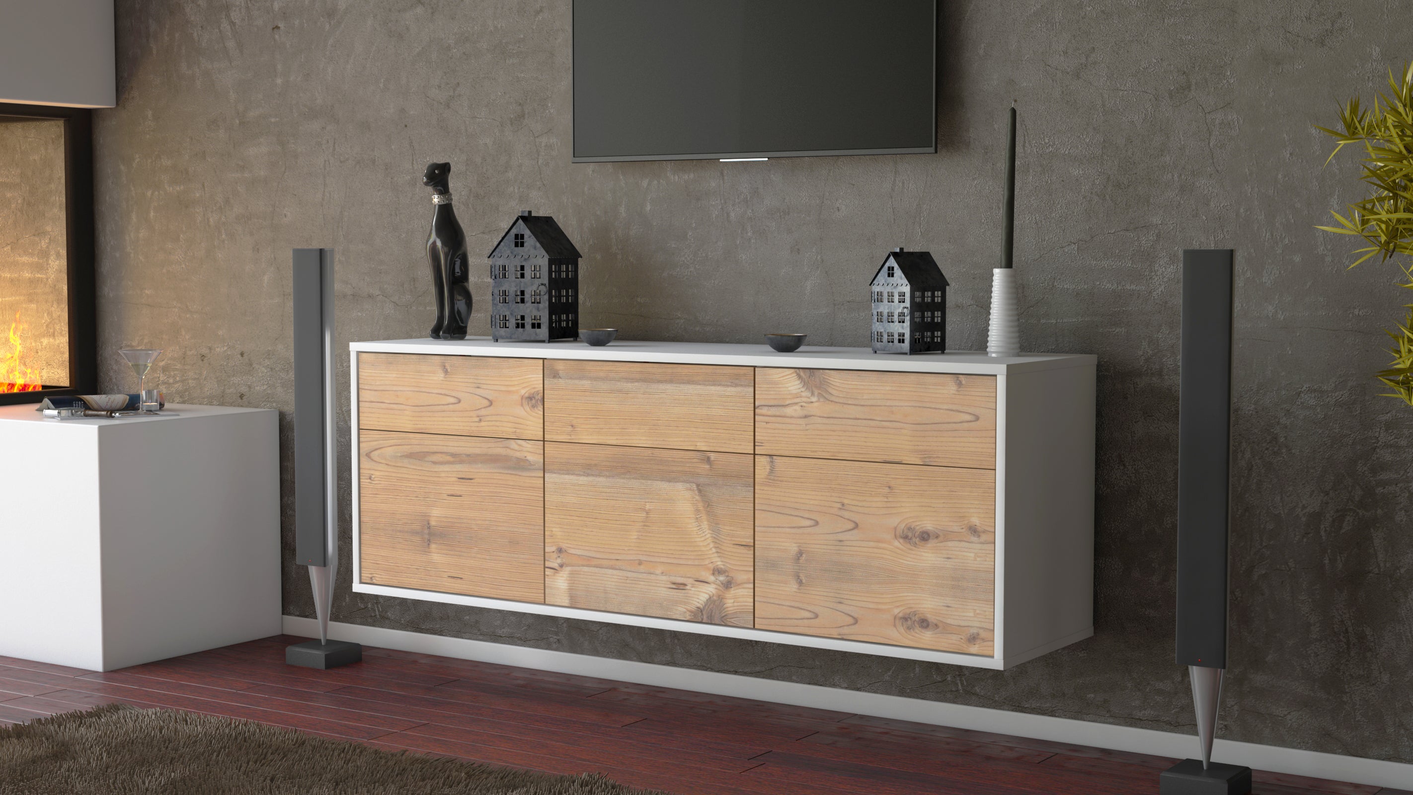 Lowboard - Angelina - Design Holzdekor - Wandmontage mit Push to Open 136 cm Weiss