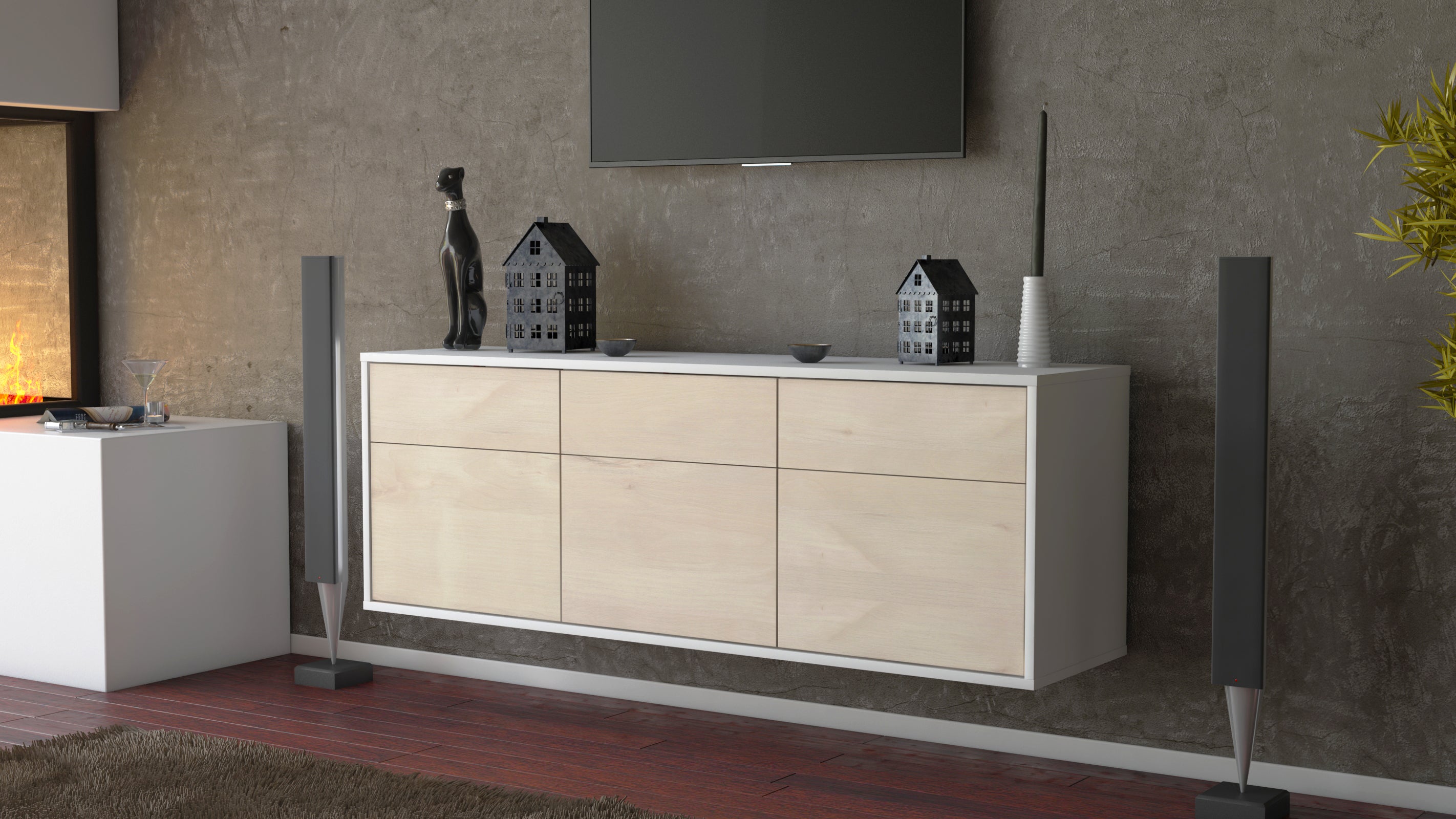 Lowboard - Angelina - Design Holzdekor - Wandmontage mit Push to Open 136 cm Weiss
