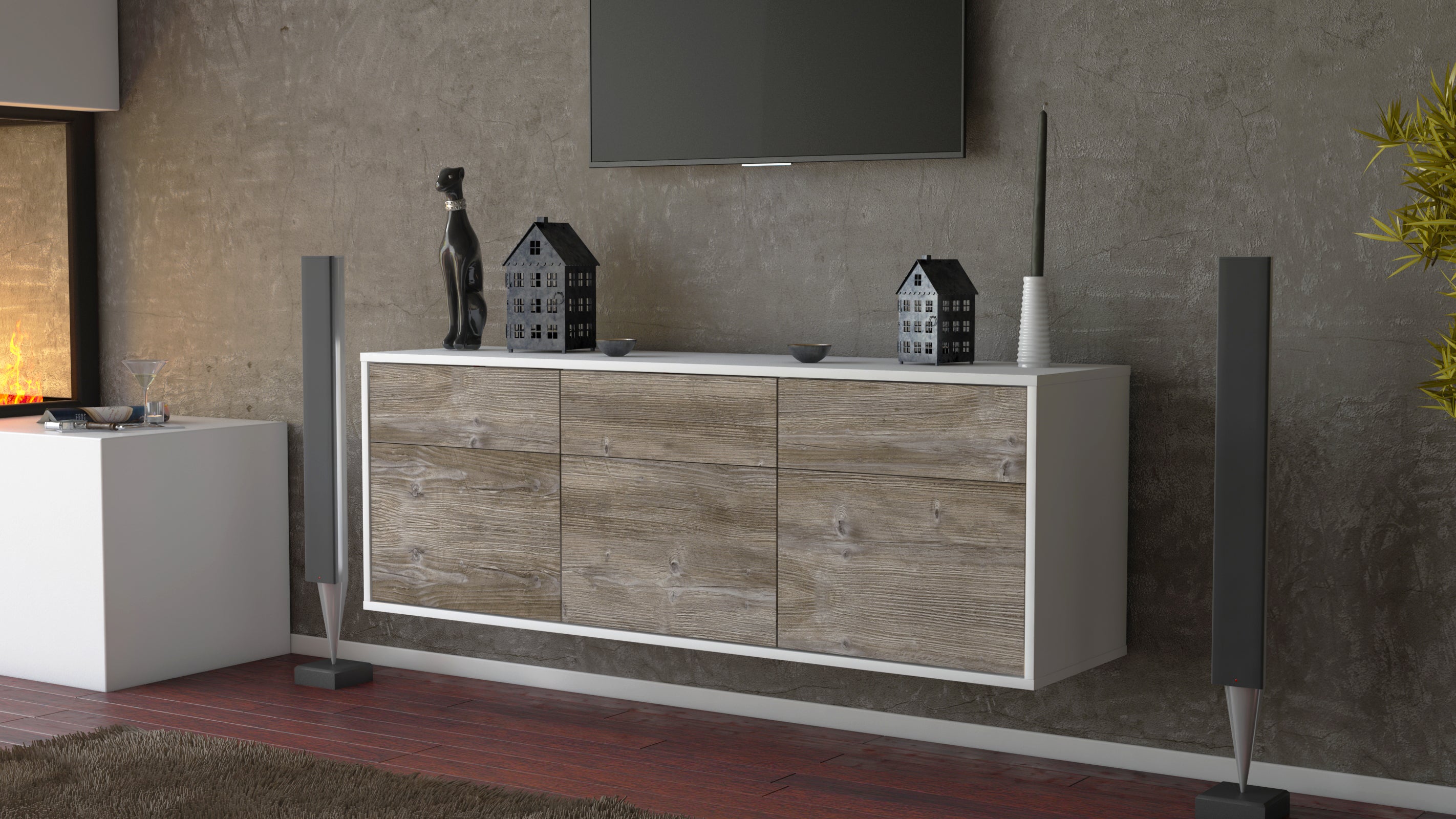 Lowboard - Angelina - Design Holzdekor - Wandmontage mit Push to Open 136 cm Weiss