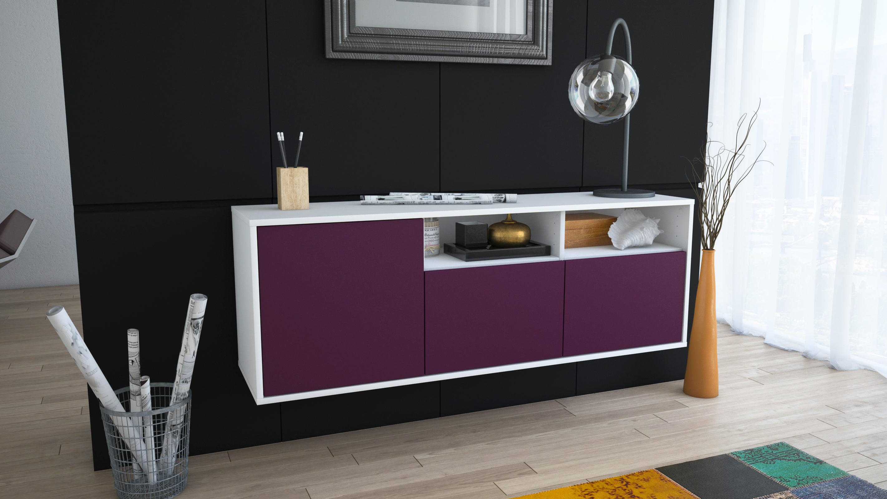 Lowboard - Anina - Design Farbakzent - Wandmontage mit Push to Open 136 cm Weiss