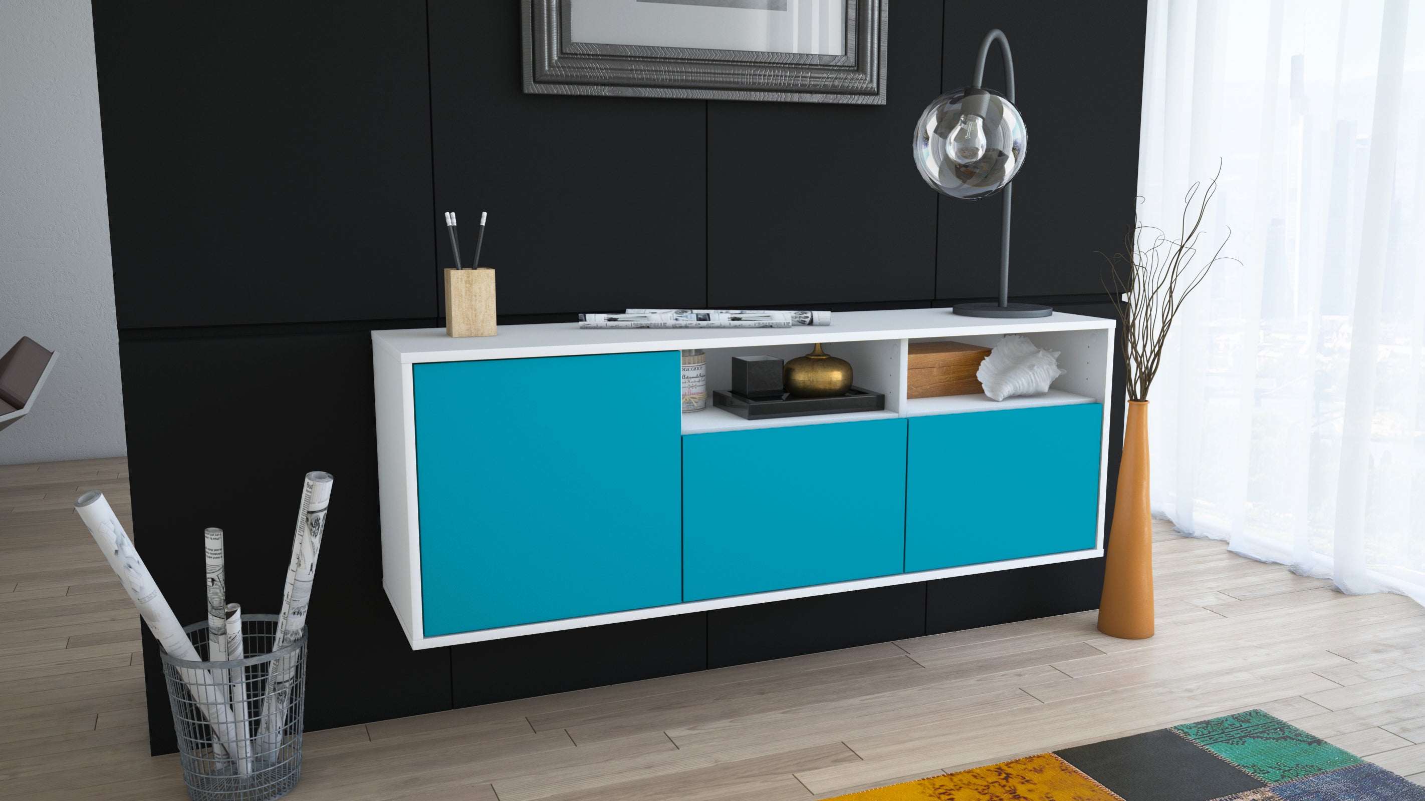 Lowboard - Anina - Design Farbakzent - Wandmontage mit Push to Open 136 cm Weiss