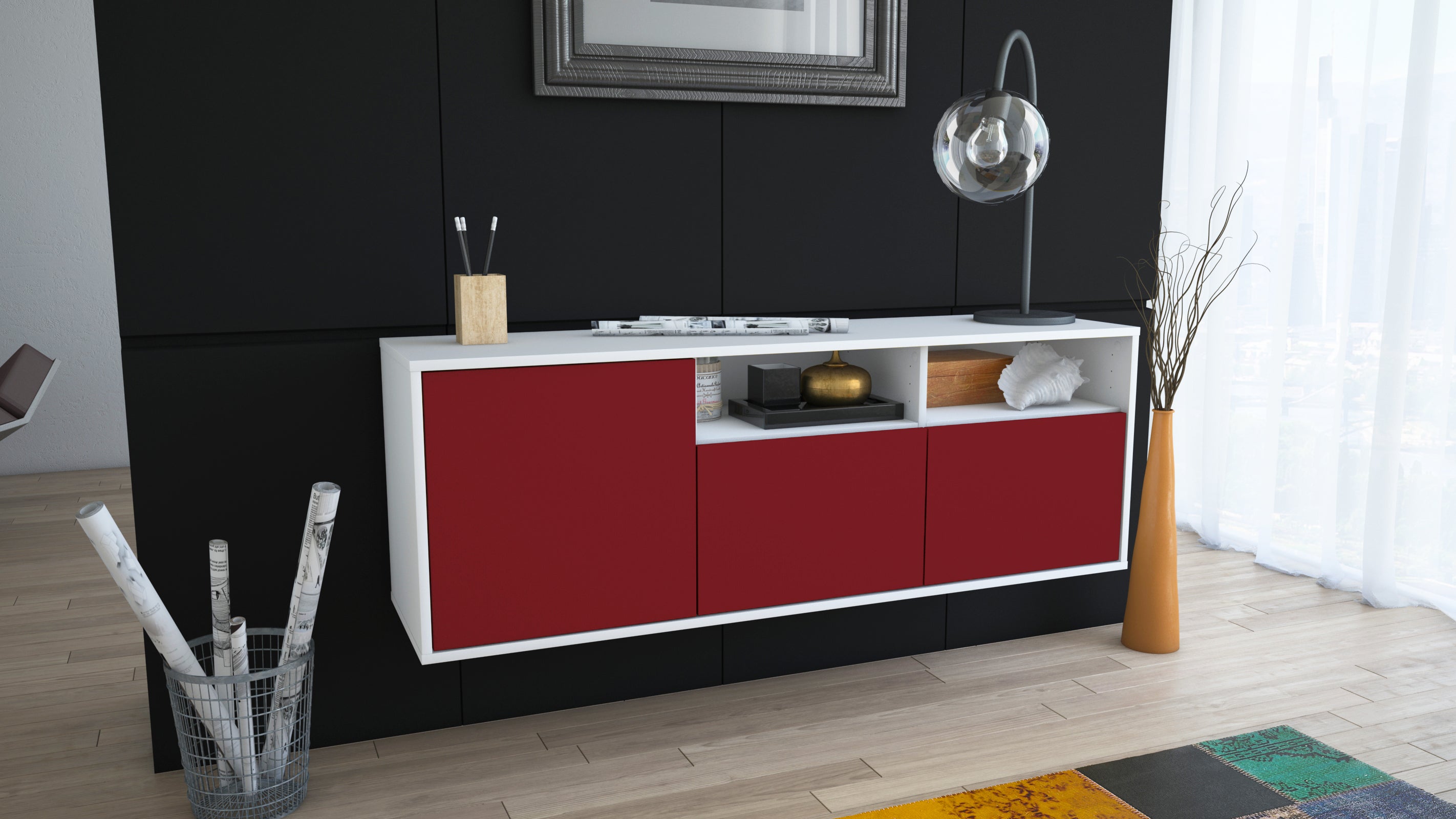 Lowboard - Anina - Design Farbakzent - Wandmontage mit Push to Open 136 cm Weiss