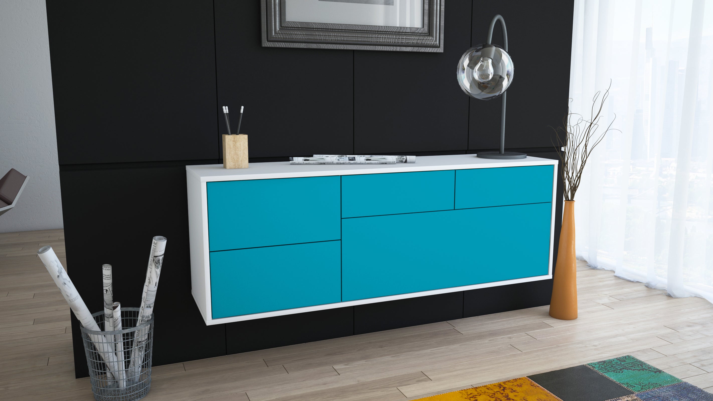 Lowboard - Annabell - Design Farbakzent - Wandmontage mit Push to Open 136 cm Weiss
