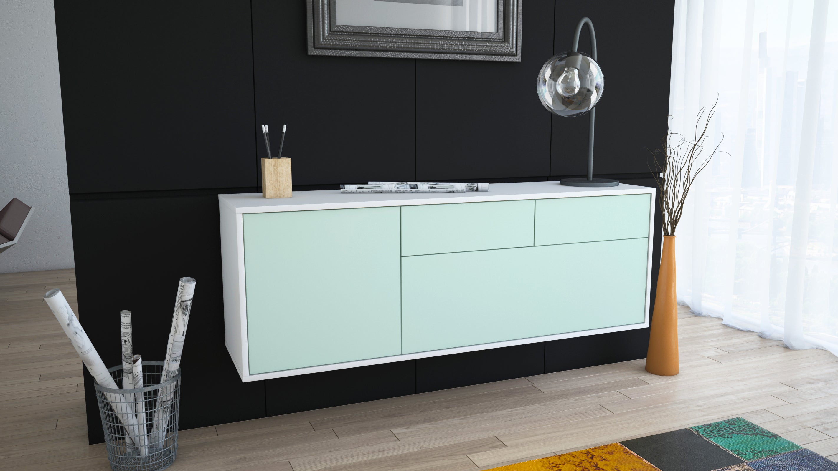 Lowboard - Annalena - Design Farbakzent - Wandmontage mit Push to Open 136 cm Weiss