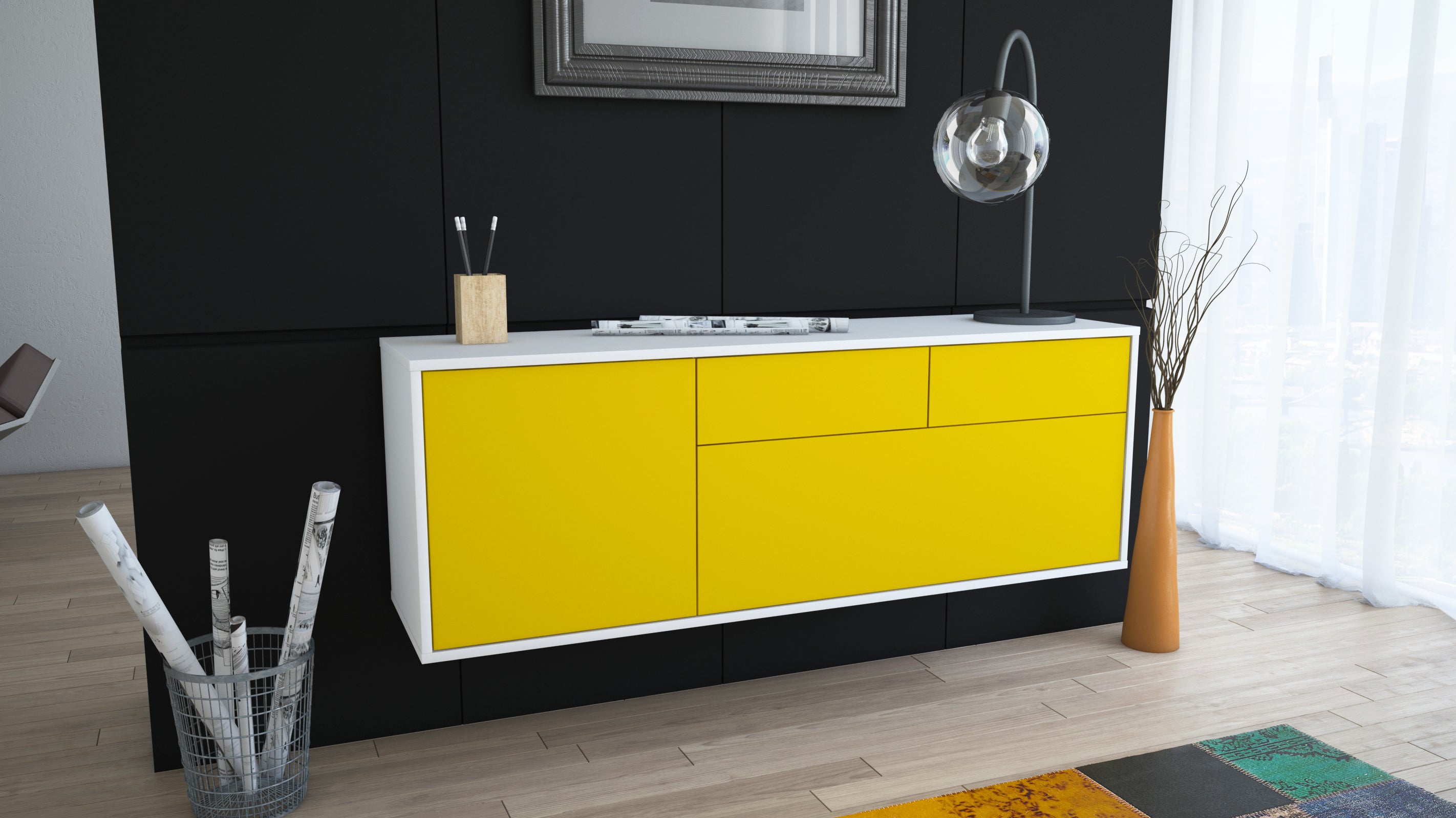 Lowboard - Annalena - Design Farbakzent - Wandmontage mit Push to Open 136 cm Weiss