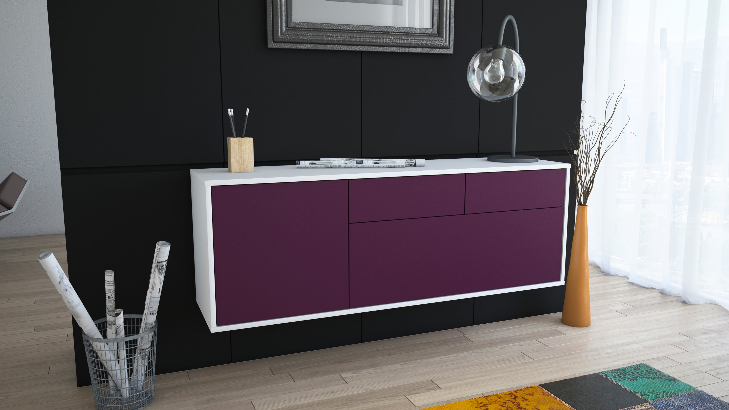Lowboard - Annalena - Design Farbakzent - Wandmontage mit Push to Open 136 cm Weiss