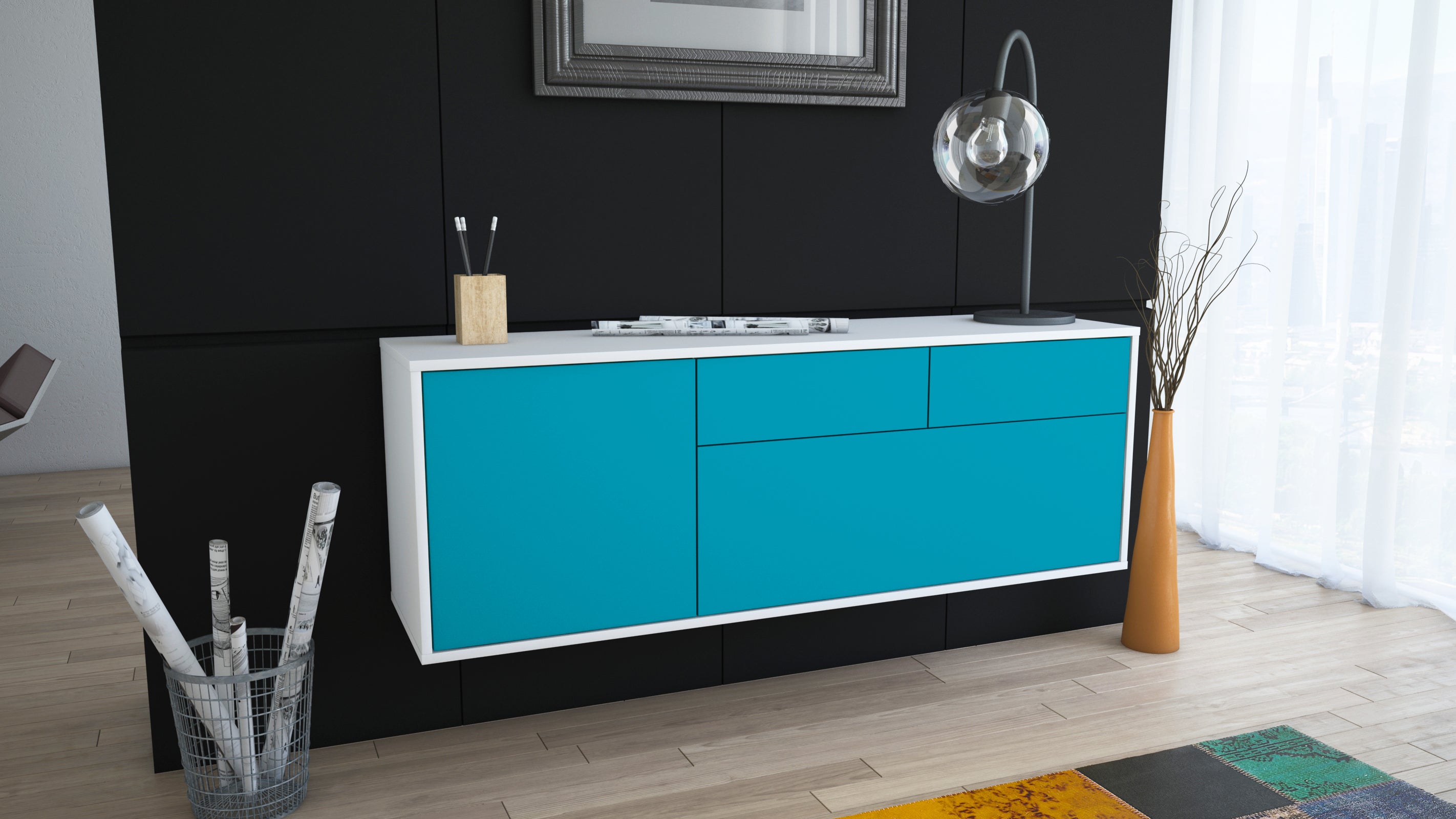 Lowboard - Annalena - Design Farbakzent - Wandmontage mit Push to Open 136 cm Weiss