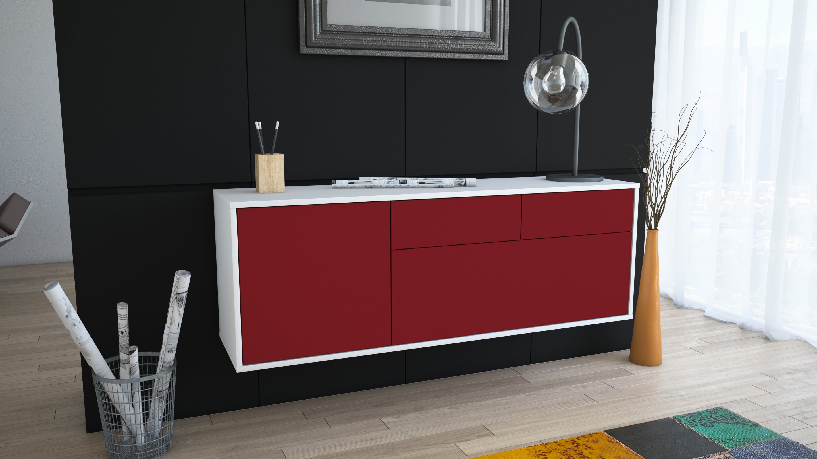 Lowboard - Annalena - Design Farbakzent - Wandmontage mit Push to Open 136 cm Weiss