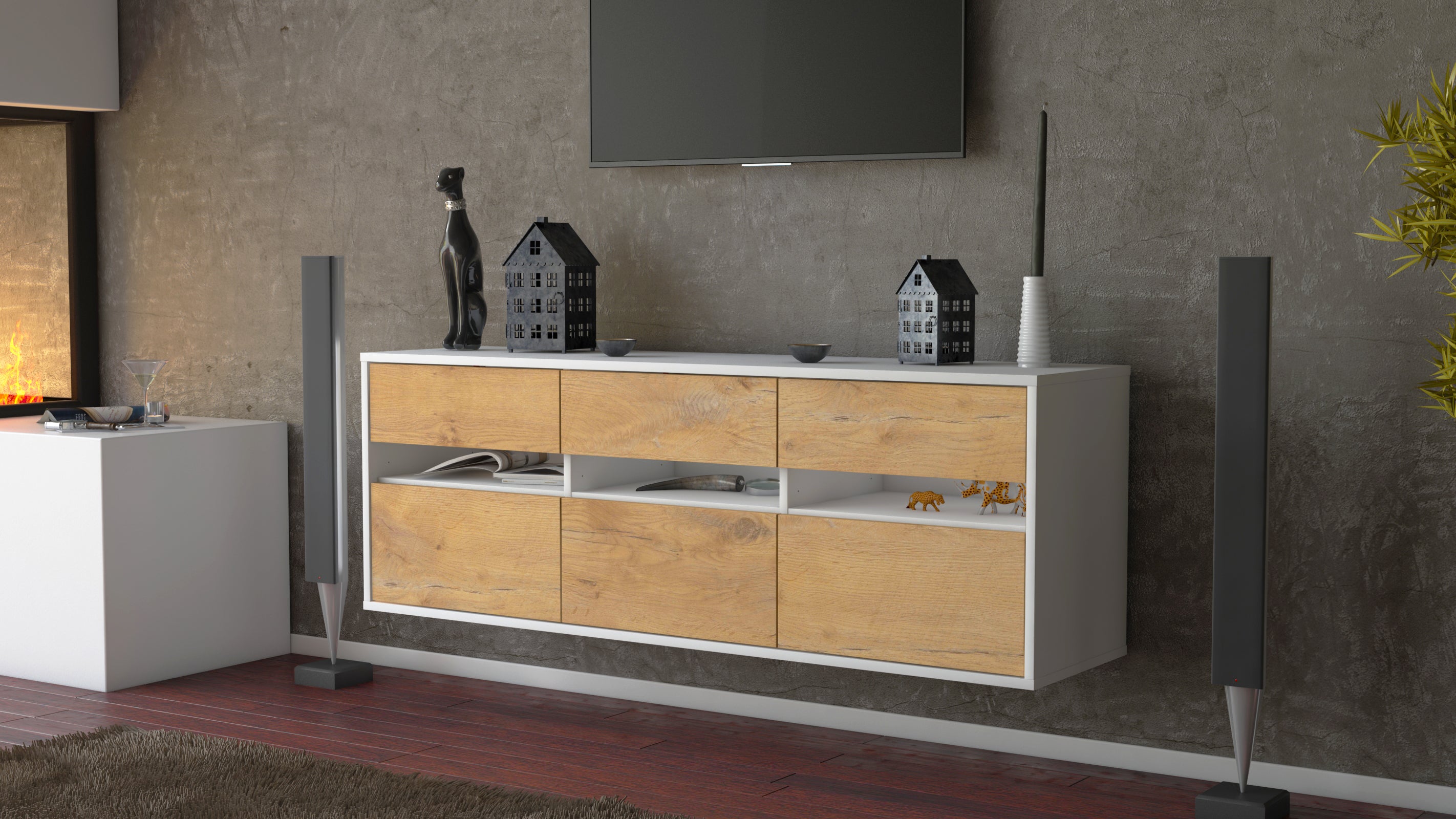Lowboard - Annalisa - Design Holzdekor - Wandmontage mit Push to Open 136 cm Weiss