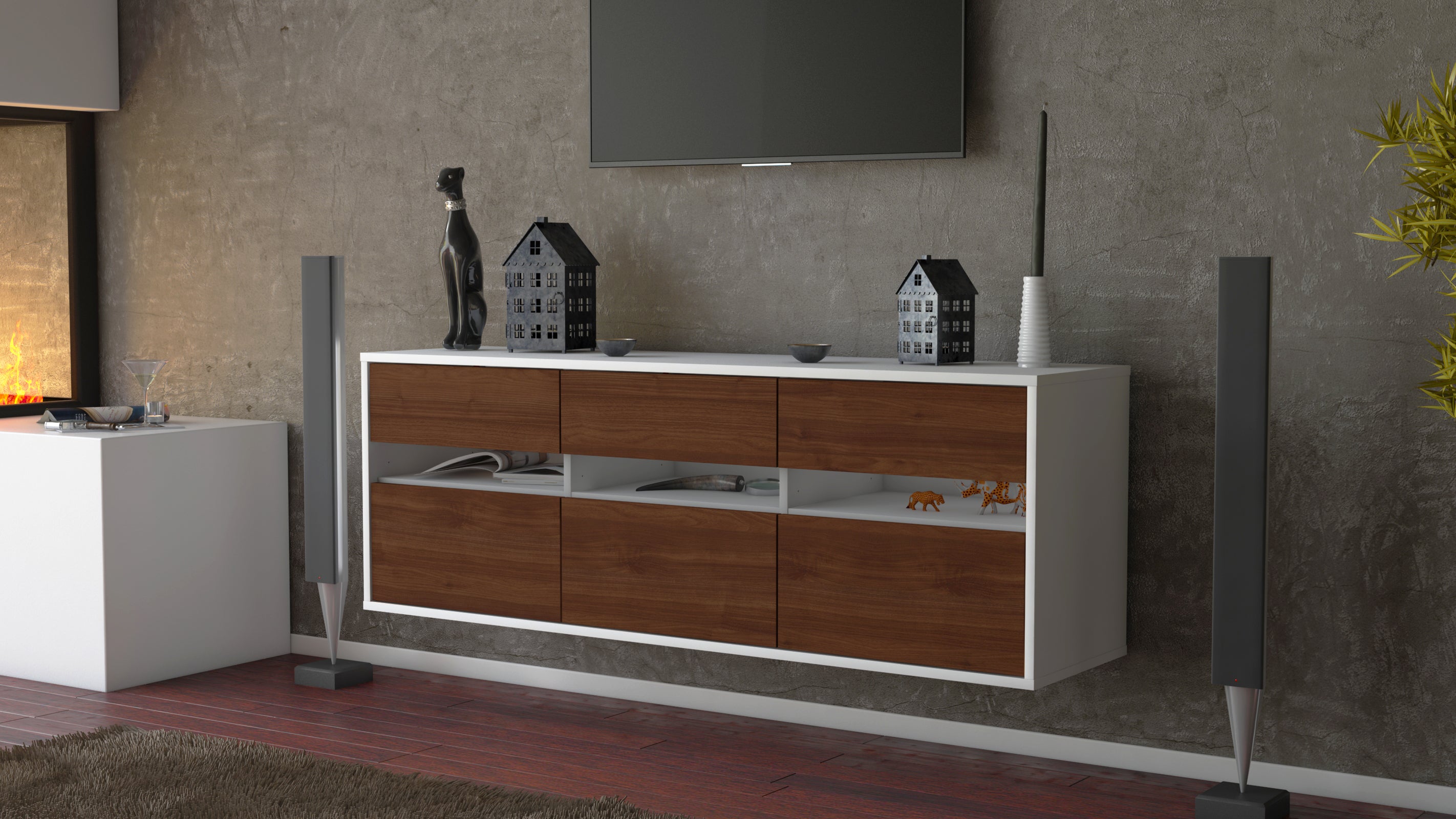 Lowboard - Annalisa - Design Holzdekor - Wandmontage mit Push to Open 136 cm Weiss
