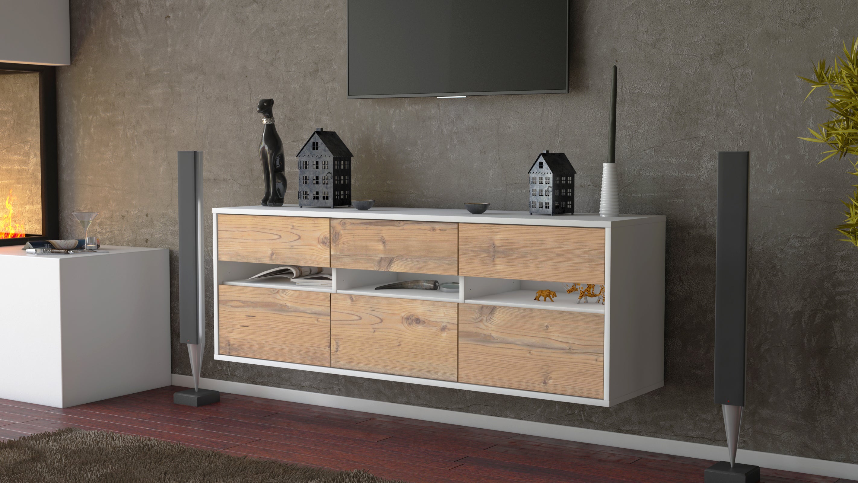 Lowboard - Annalisa - Design Holzdekor - Wandmontage mit Push to Open 136 cm Weiss