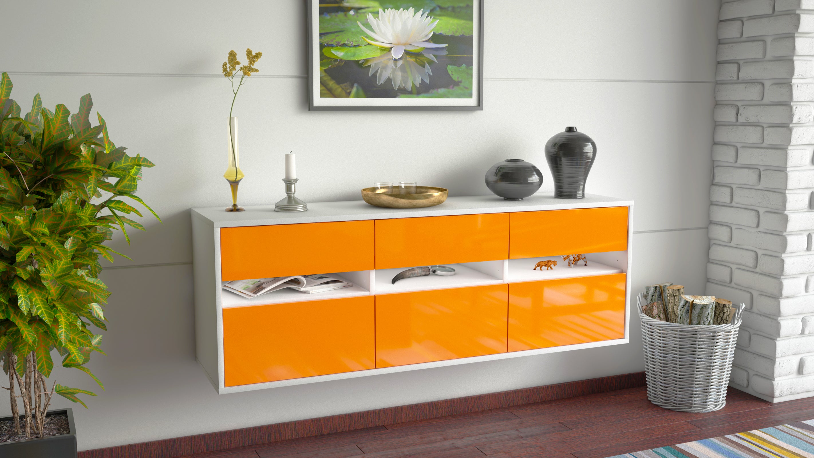 Lowboard - Annalisa - Design Hochglanz - Wandmontage mit Push to Open 136 cm Weiss