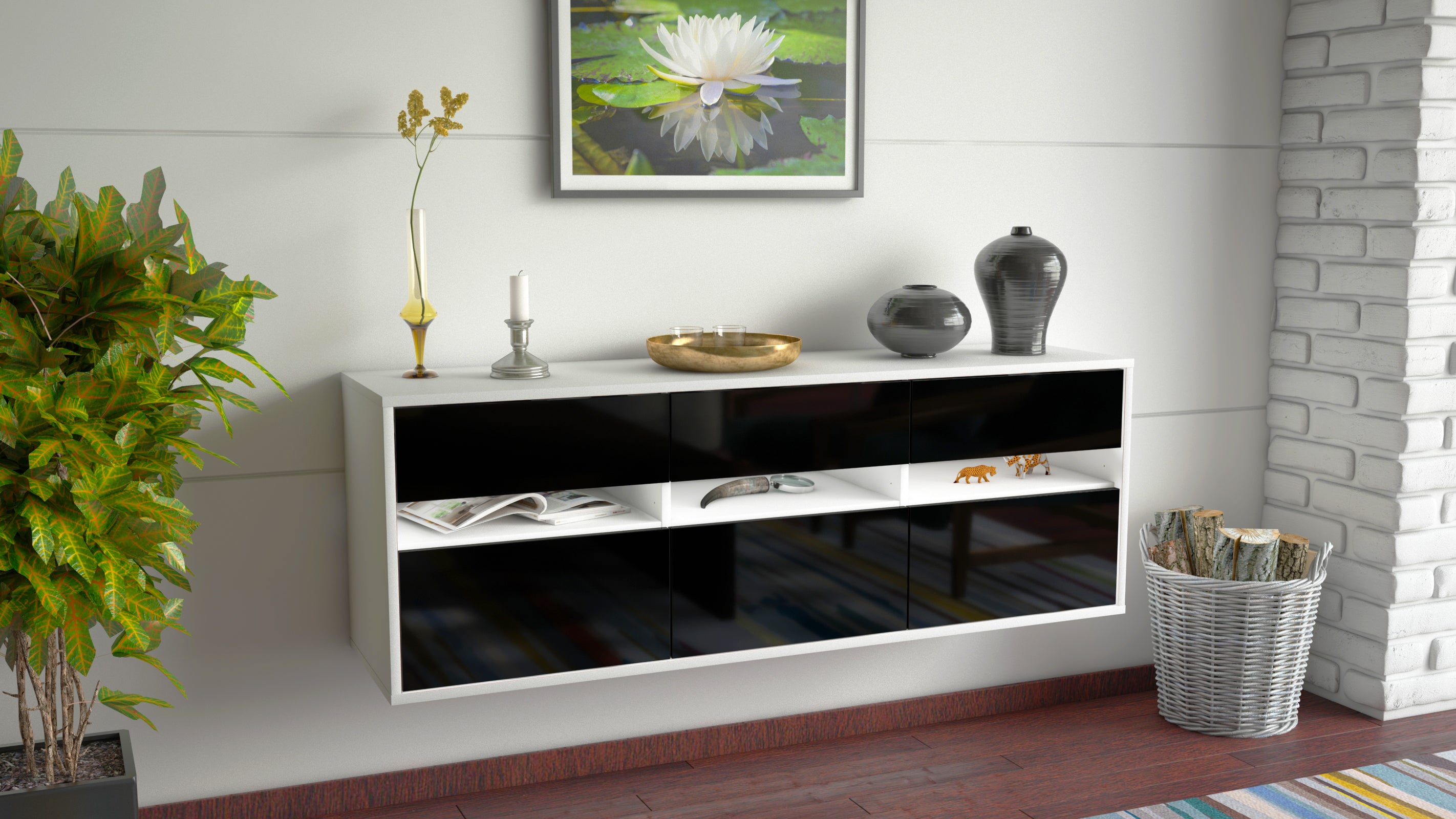 Lowboard - Annalisa - Design Hochglanz - Wandmontage mit Push to Open 136 cm Weiss
