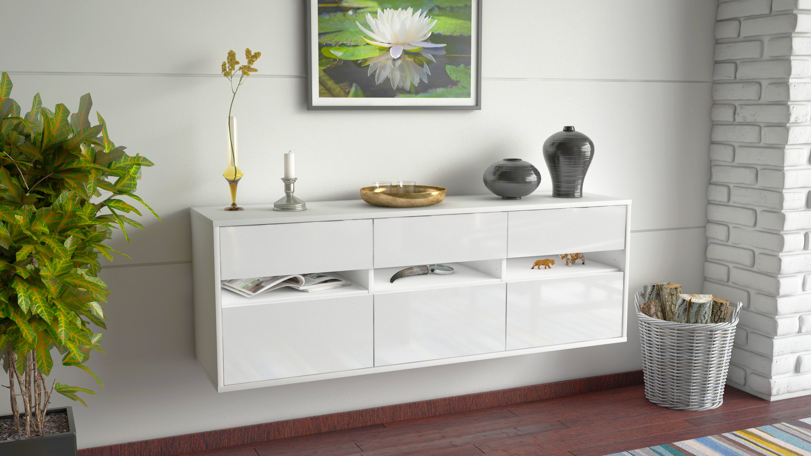 Lowboard - Annalisa - Design Hochglanz - Wandmontage mit Push to Open 136 cm Weiss