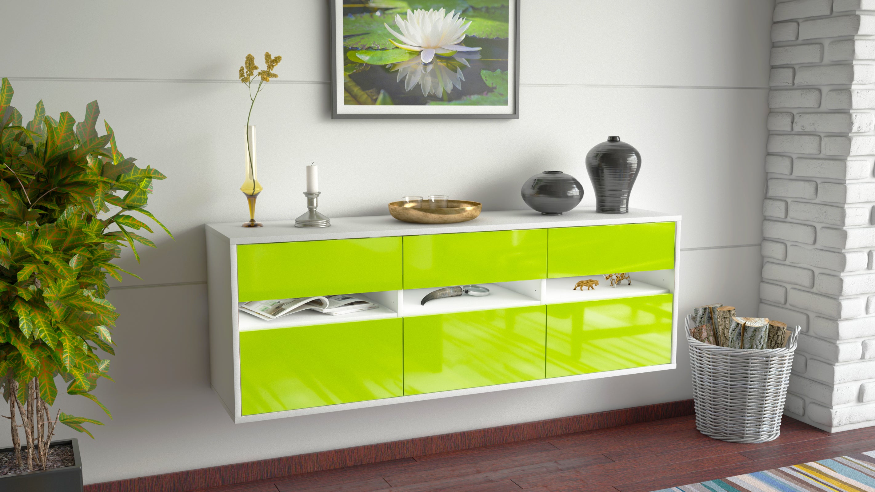 Lowboard - Annalisa - Design Hochglanz - Wandmontage mit Push to Open 136 cm Weiss