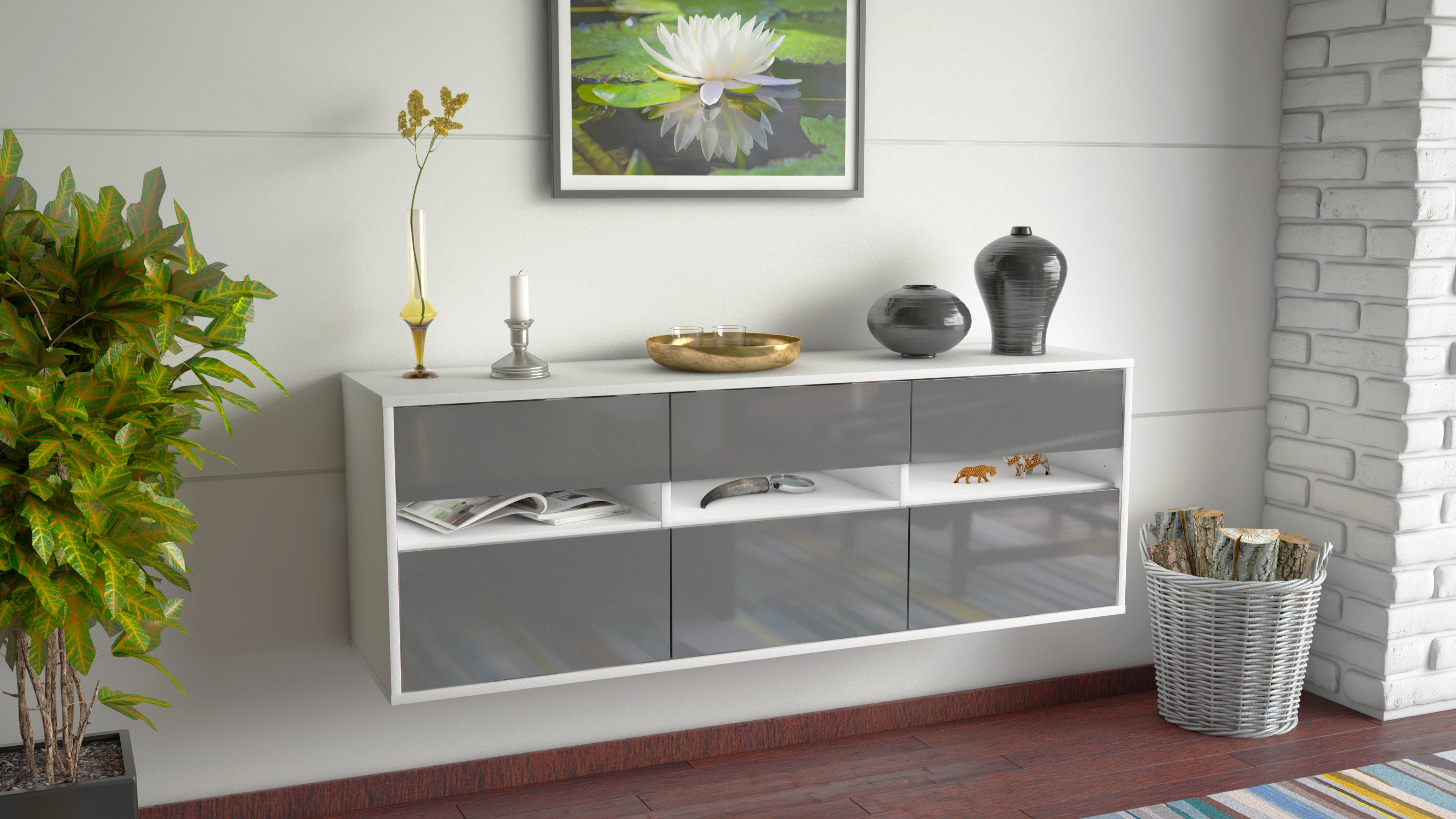 Lowboard - Annalisa - Design Hochglanz - Wandmontage mit Push to Open 136 cm Weiss