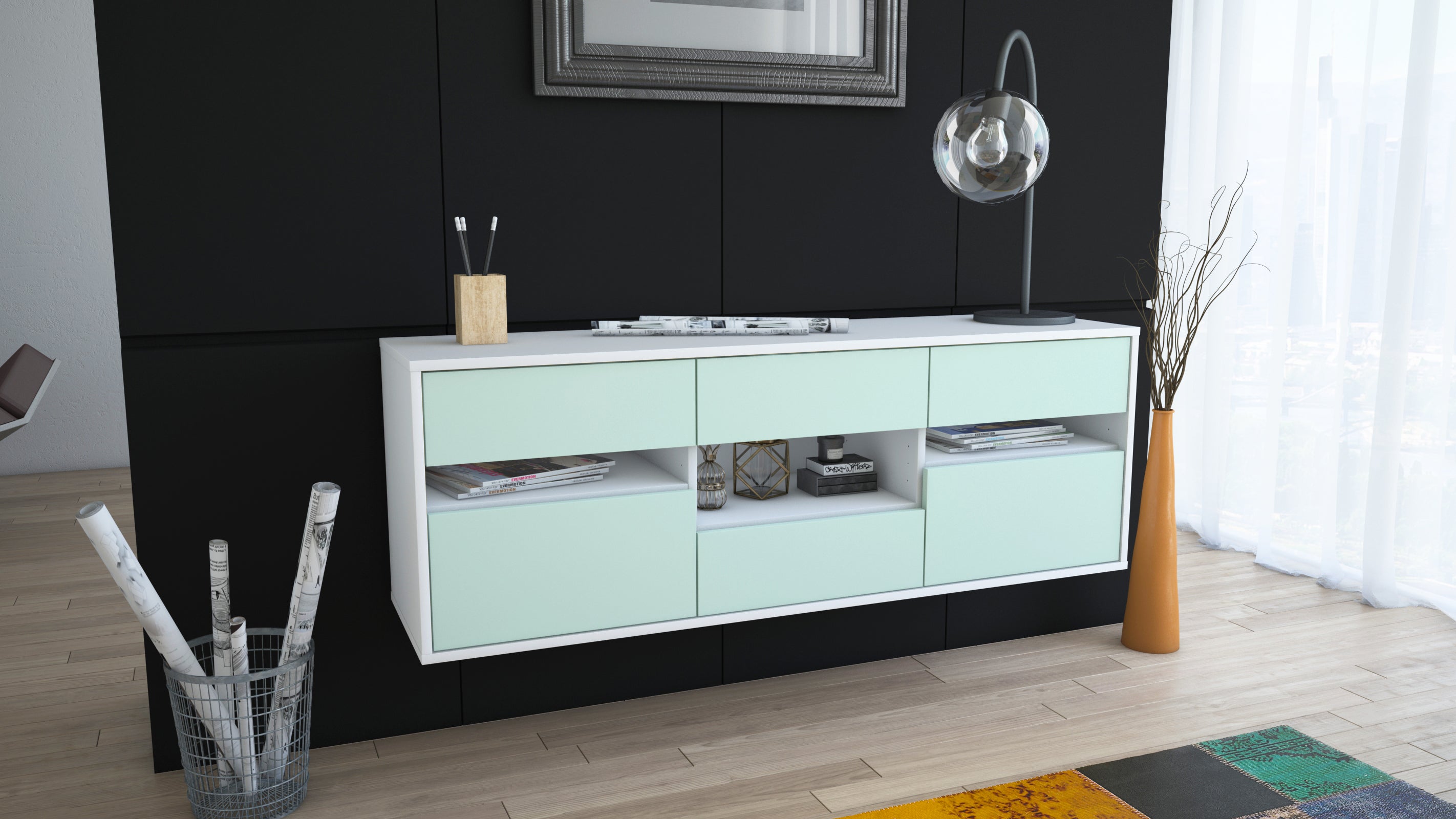 Lowboard - Anni - Design Farbakzent - Wandmontage mit Push to Open 136 cm Weiss