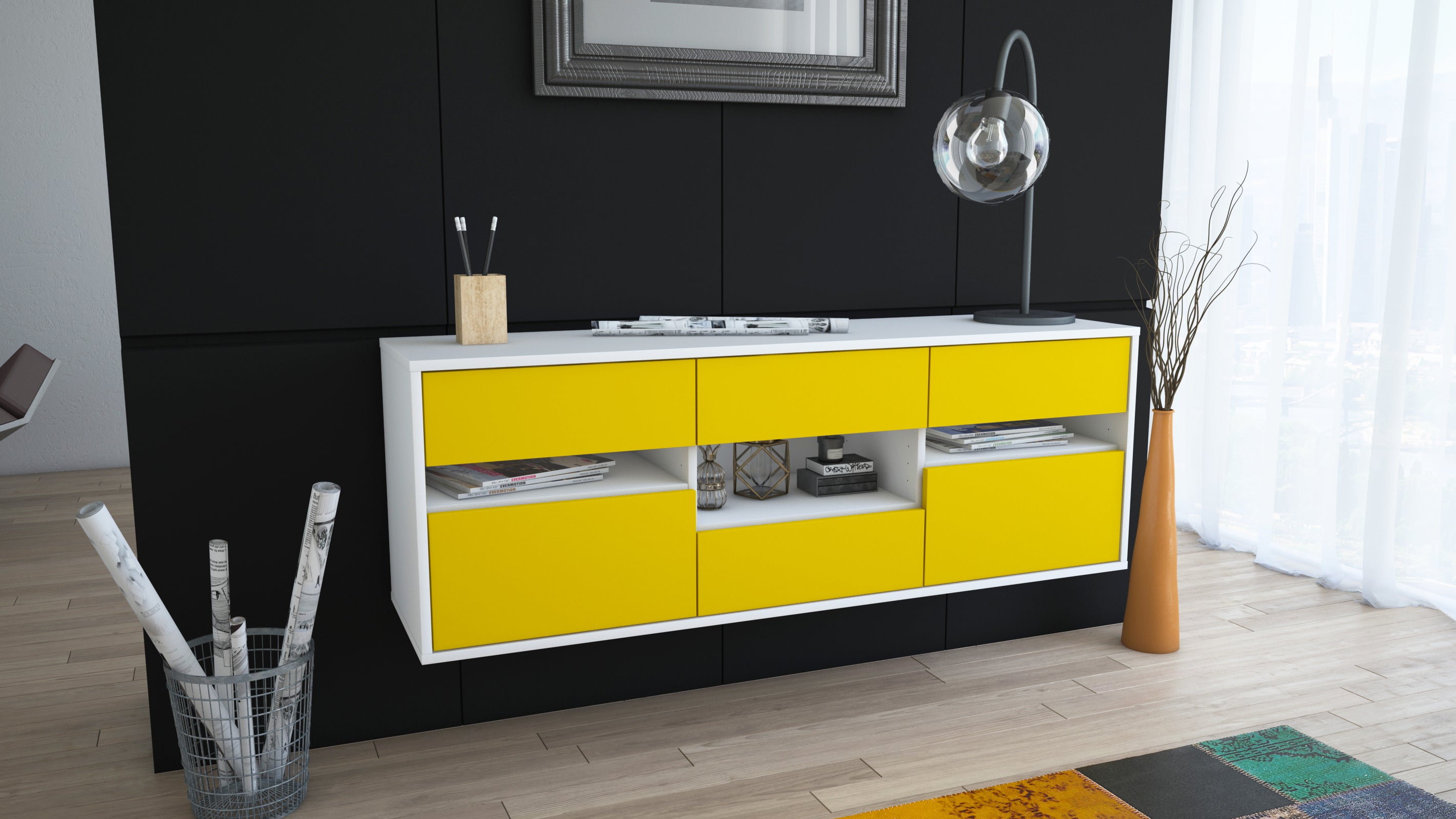 Lowboard - Anni - Design Farbakzent - Wandmontage mit Push to Open 136 cm Weiss