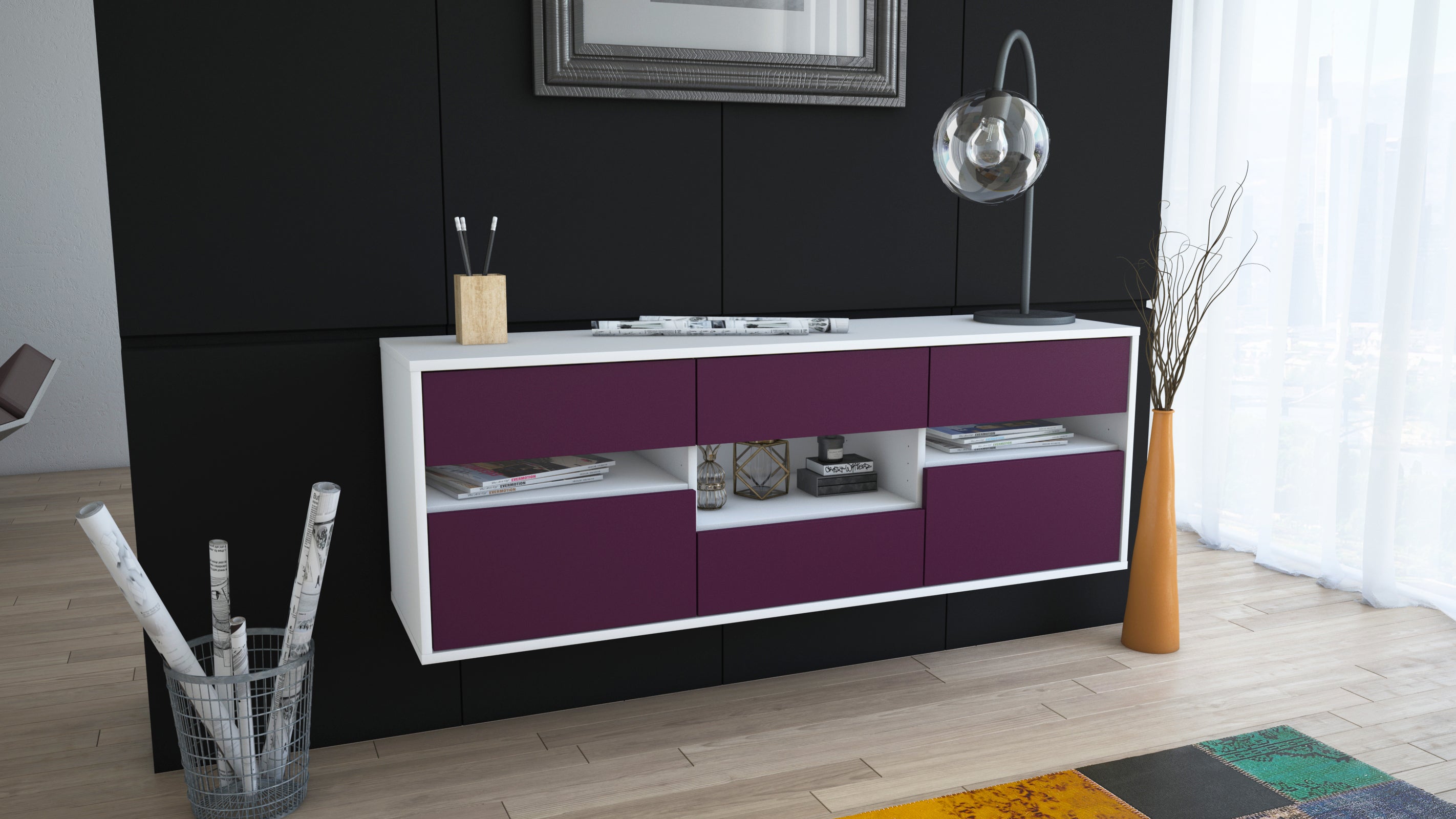 Lowboard - Anni - Design Farbakzent - Wandmontage mit Push to Open 136 cm Weiss