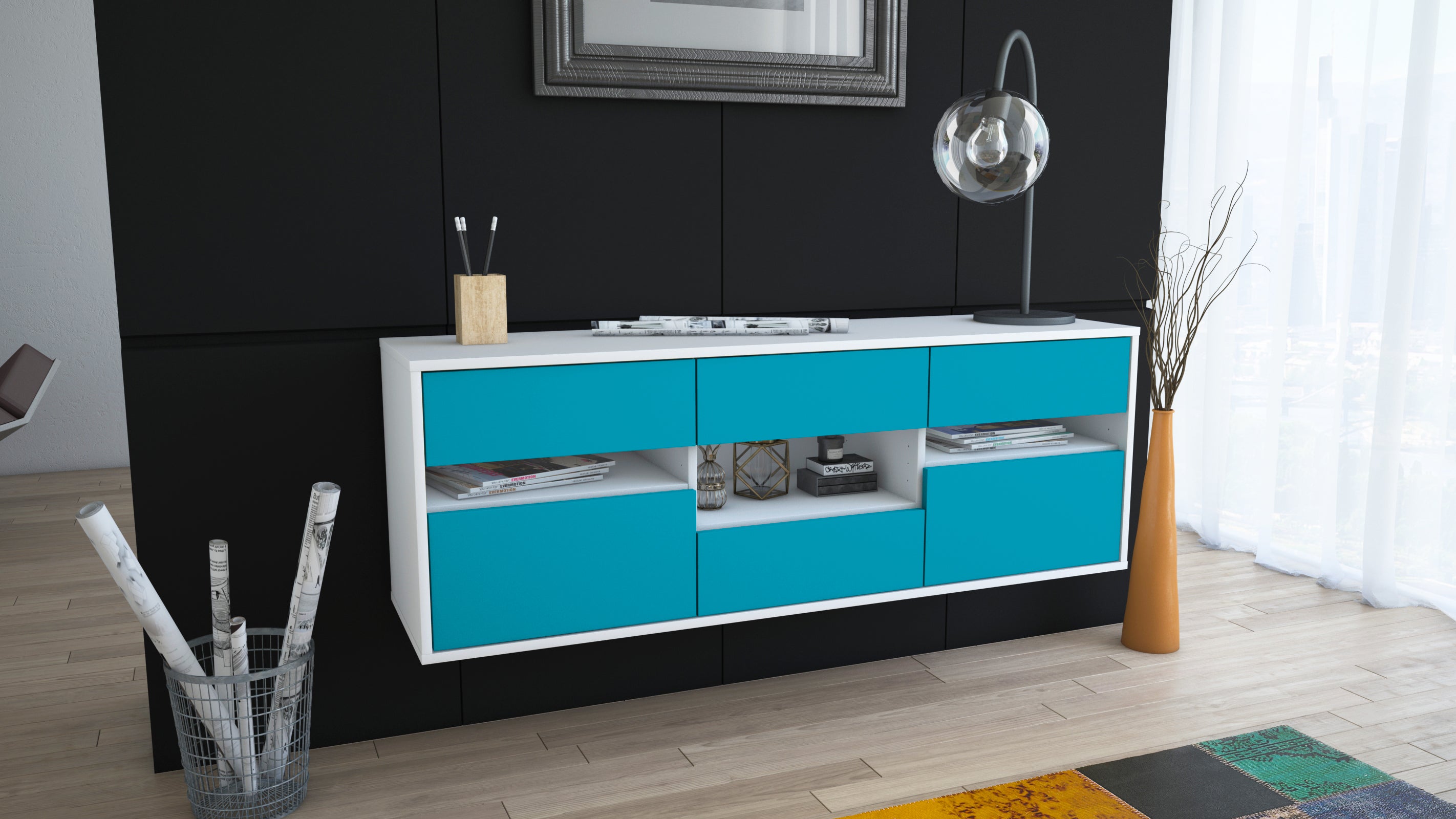 Lowboard - Anni - Design Farbakzent - Wandmontage mit Push to Open 136 cm Weiss