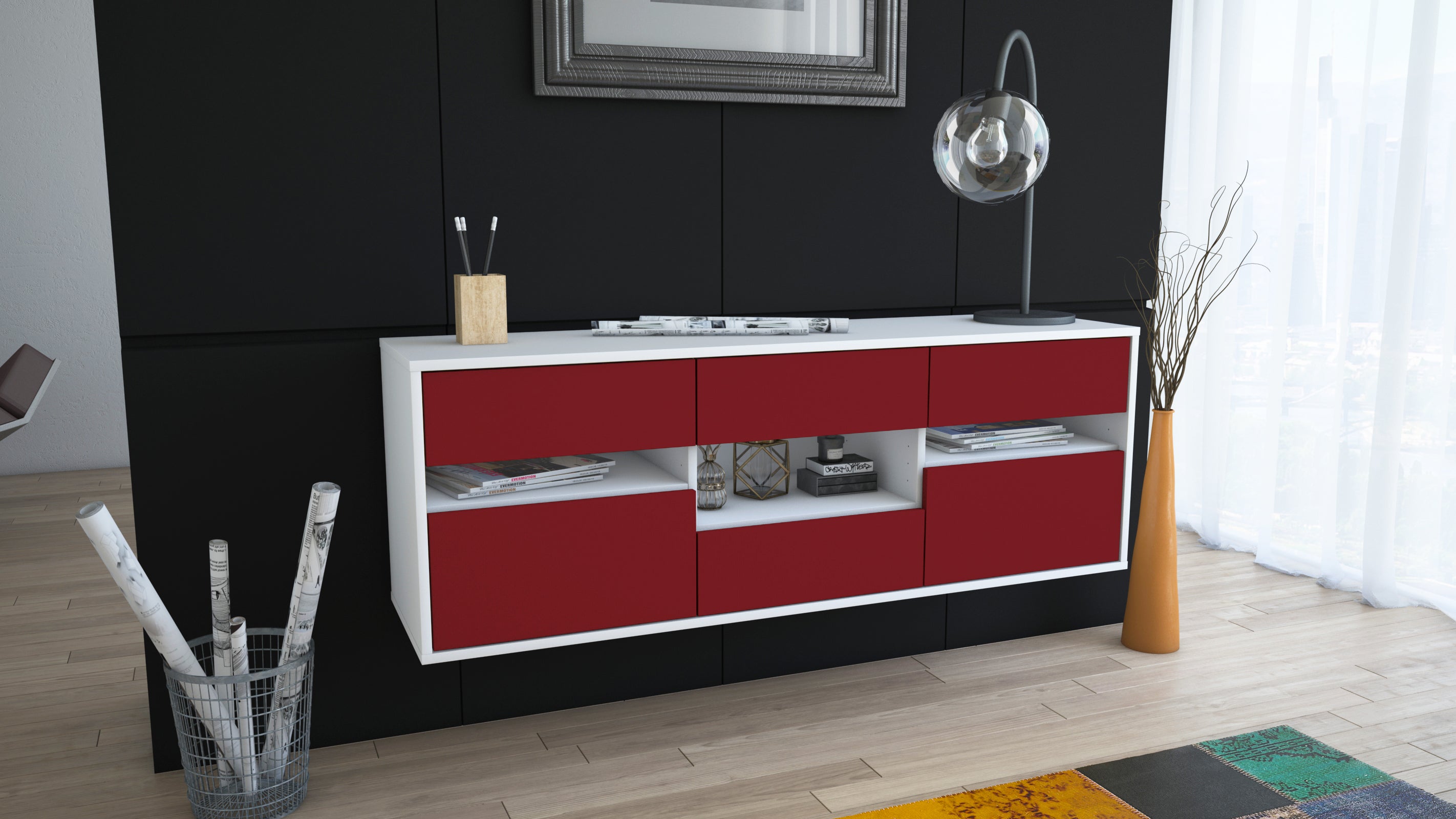 Lowboard - Anni - Design Farbakzent - Wandmontage mit Push to Open 136 cm Weiss