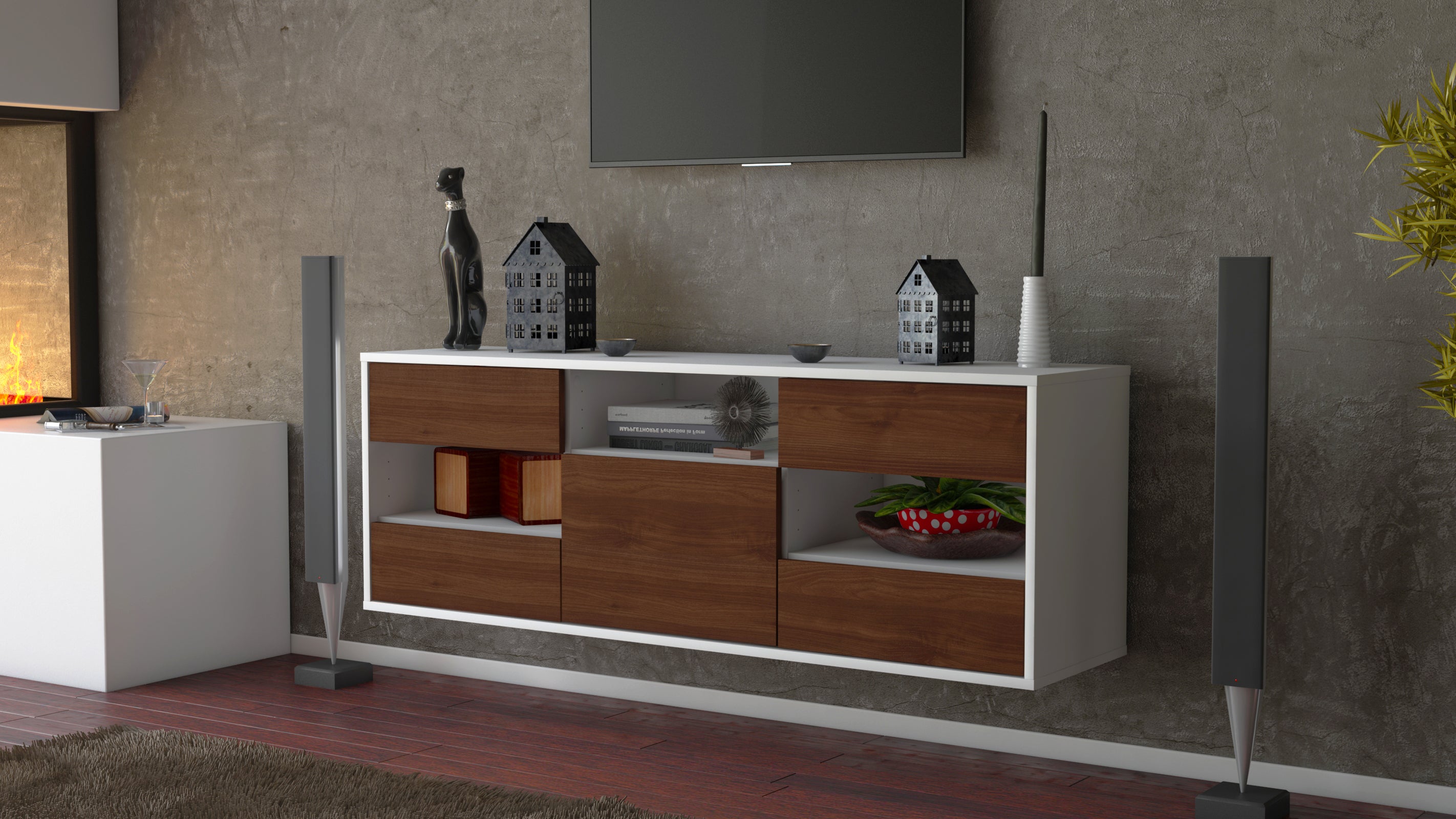 Lowboard - Annunziata - Design Holzdekor - Wandmontage mit Push to Open 136 cm Weiss