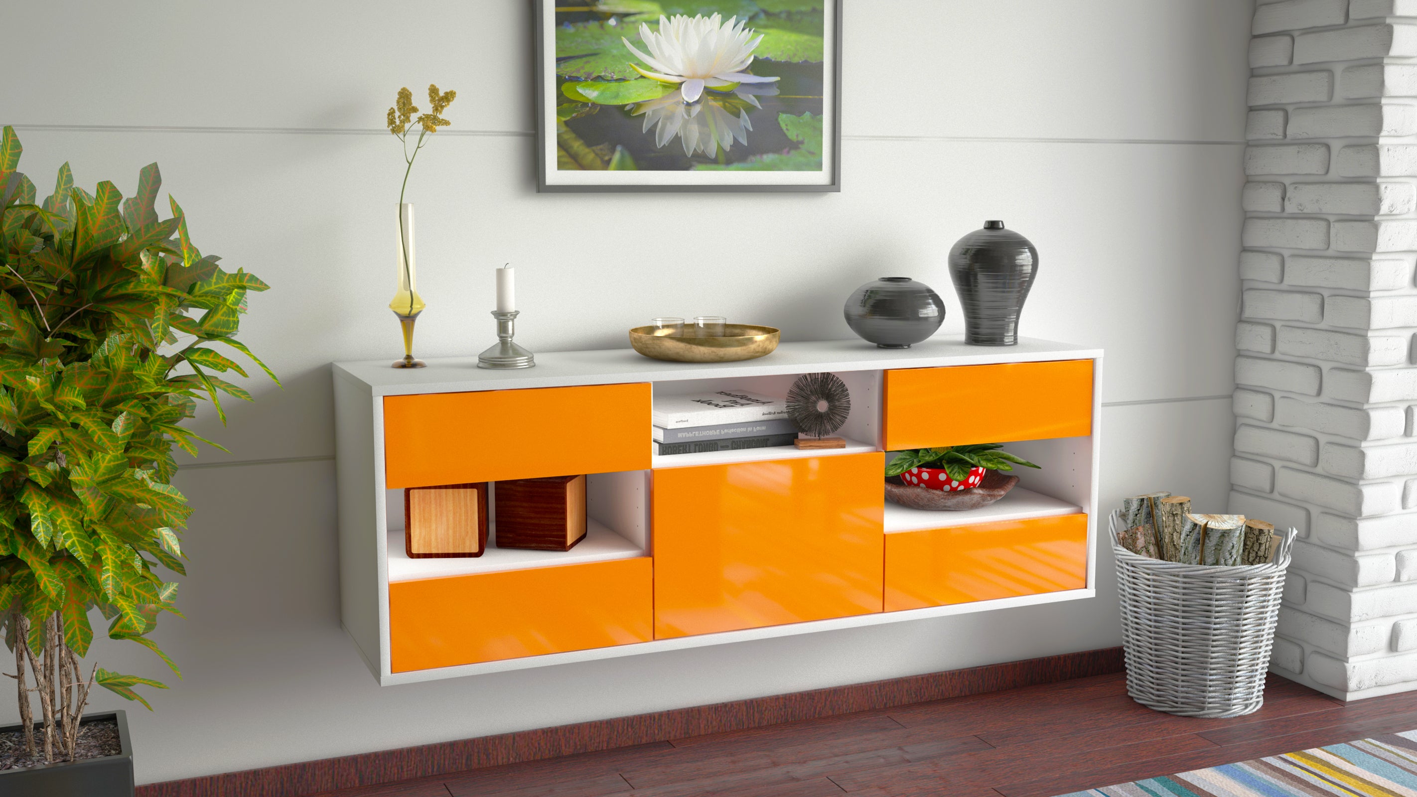 Lowboard - Annunziata - Design Hochglanz - Wandmontage mit Push to Open 136 cm Weiss
