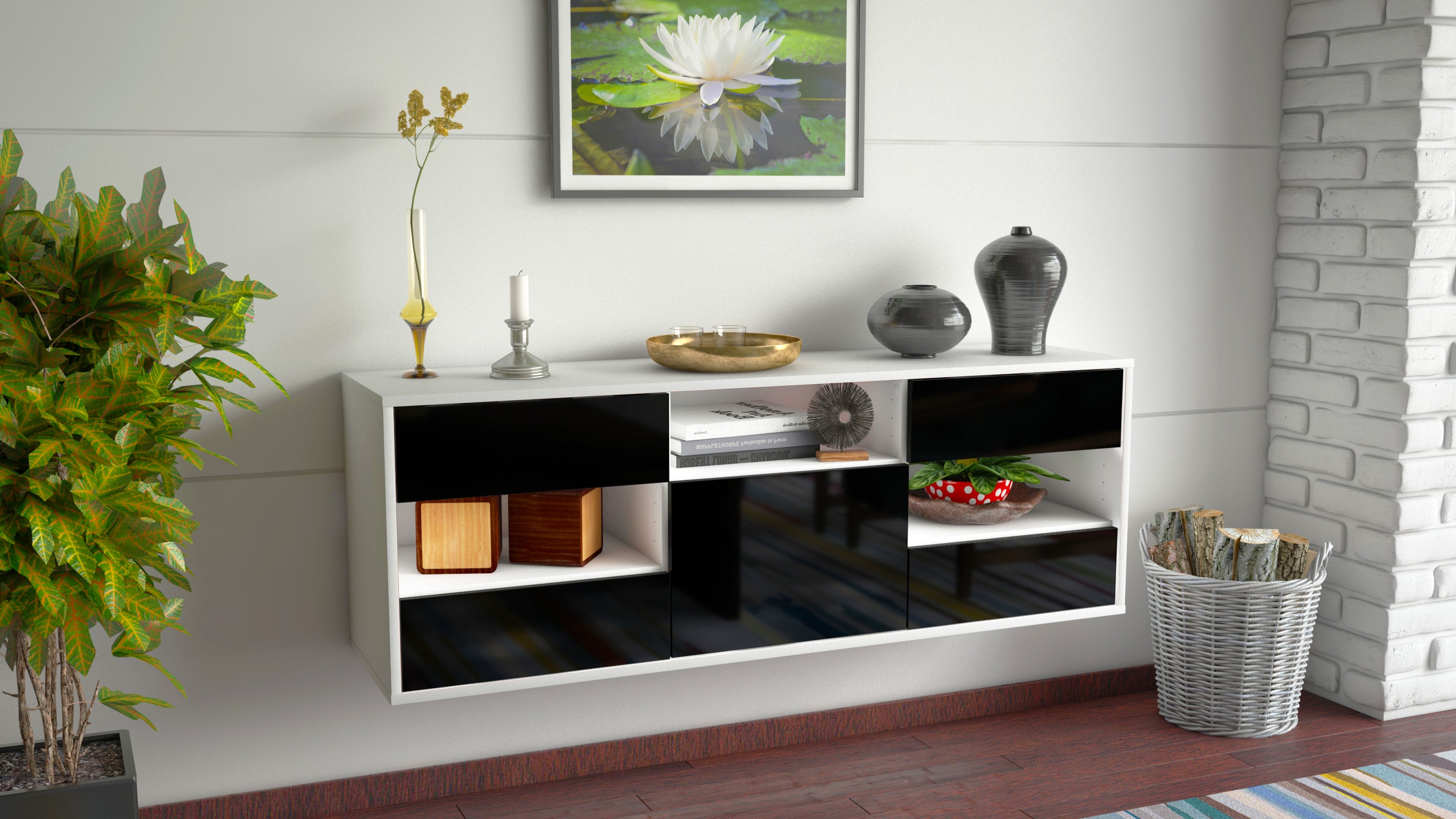 Lowboard - Annunziata - Design Hochglanz - Wandmontage mit Push to Open 136 cm Weiss