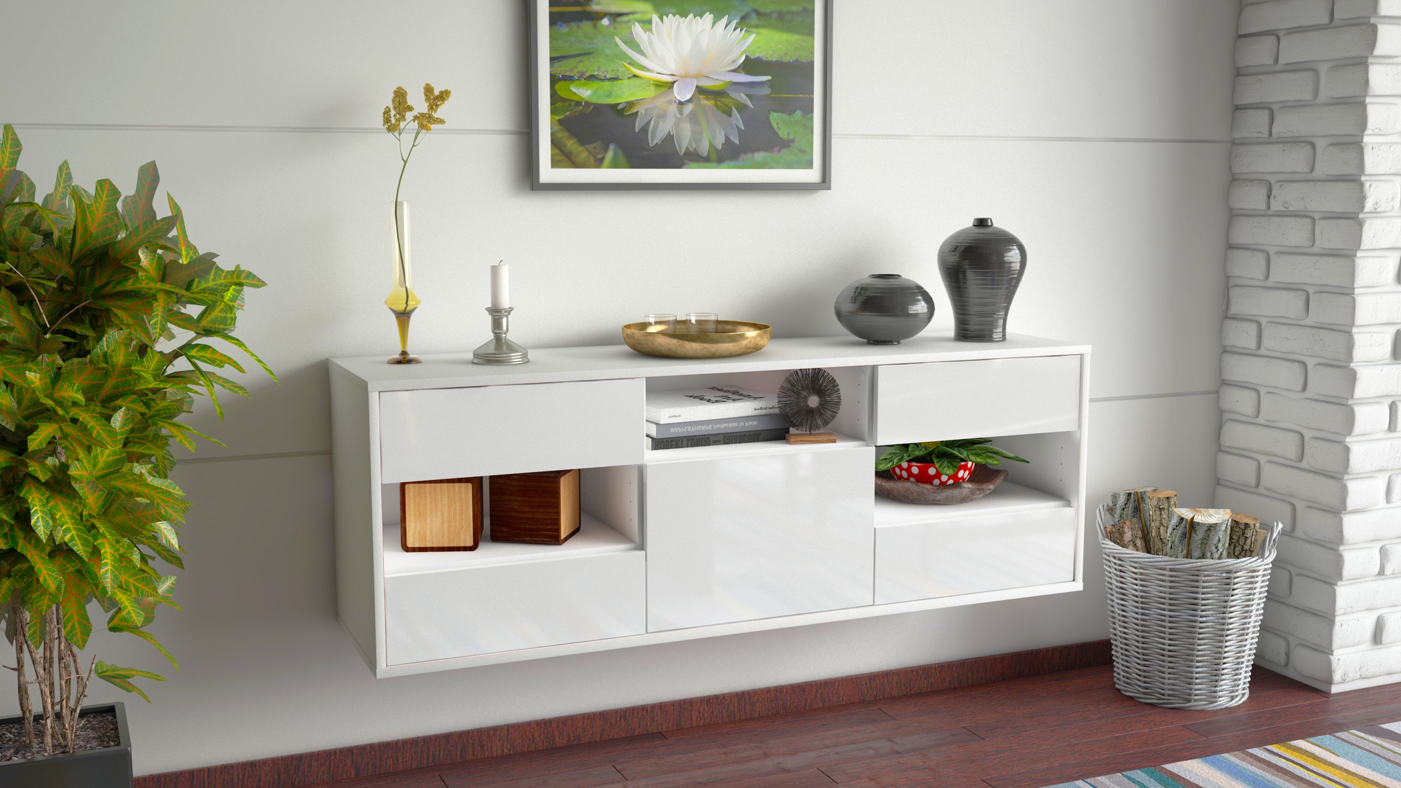 Lowboard - Annunziata - Design Hochglanz - Wandmontage mit Push to Open 136 cm Weiss