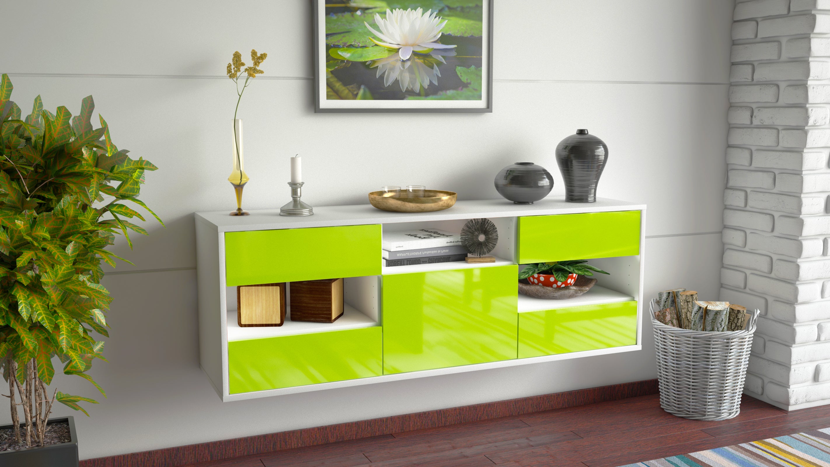 Lowboard - Annunziata - Design Hochglanz - Wandmontage mit Push to Open 136 cm Weiss