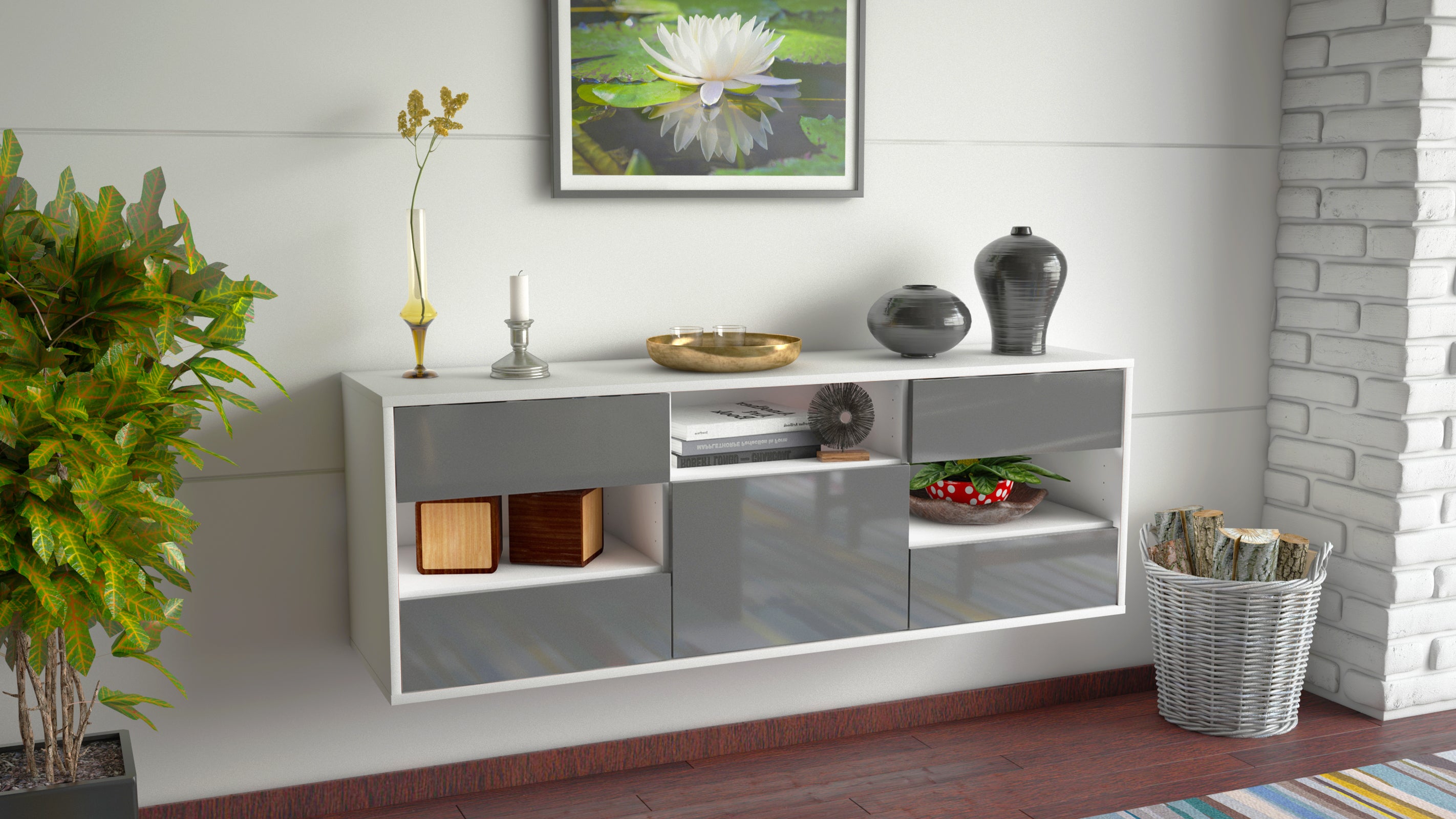 Lowboard - Annunziata - Design Hochglanz - Wandmontage mit Push to Open 136 cm Weiss