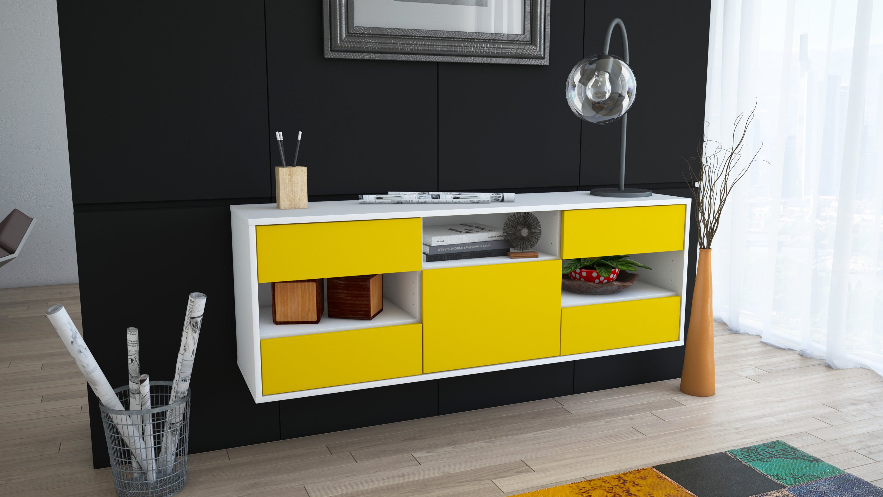 Lowboard - Annunziata - Design Farbakzent - Wandmontage mit Push to Open 136 cm Weiss