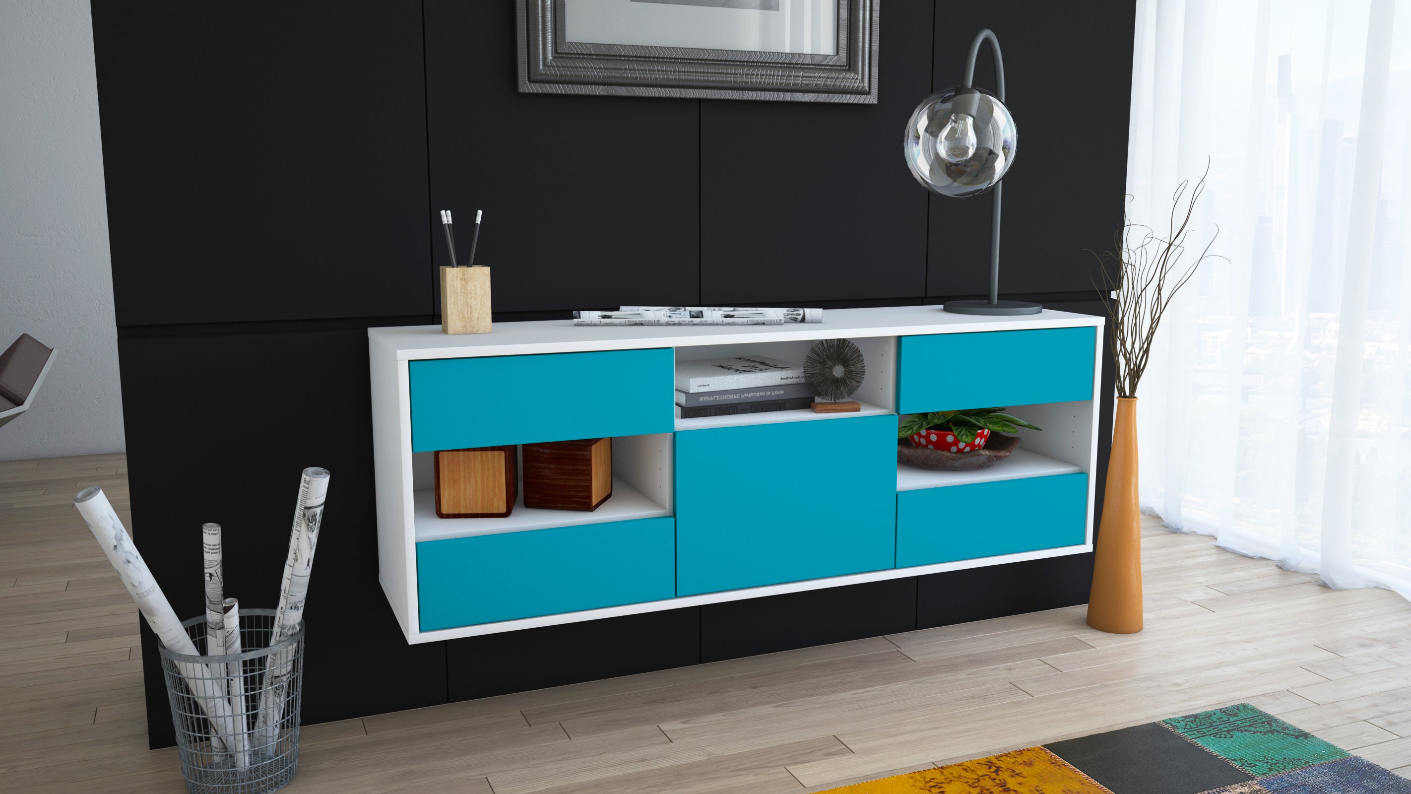 Lowboard - Annunziata - Design Farbakzent - Wandmontage mit Push to Open 136 cm Weiss