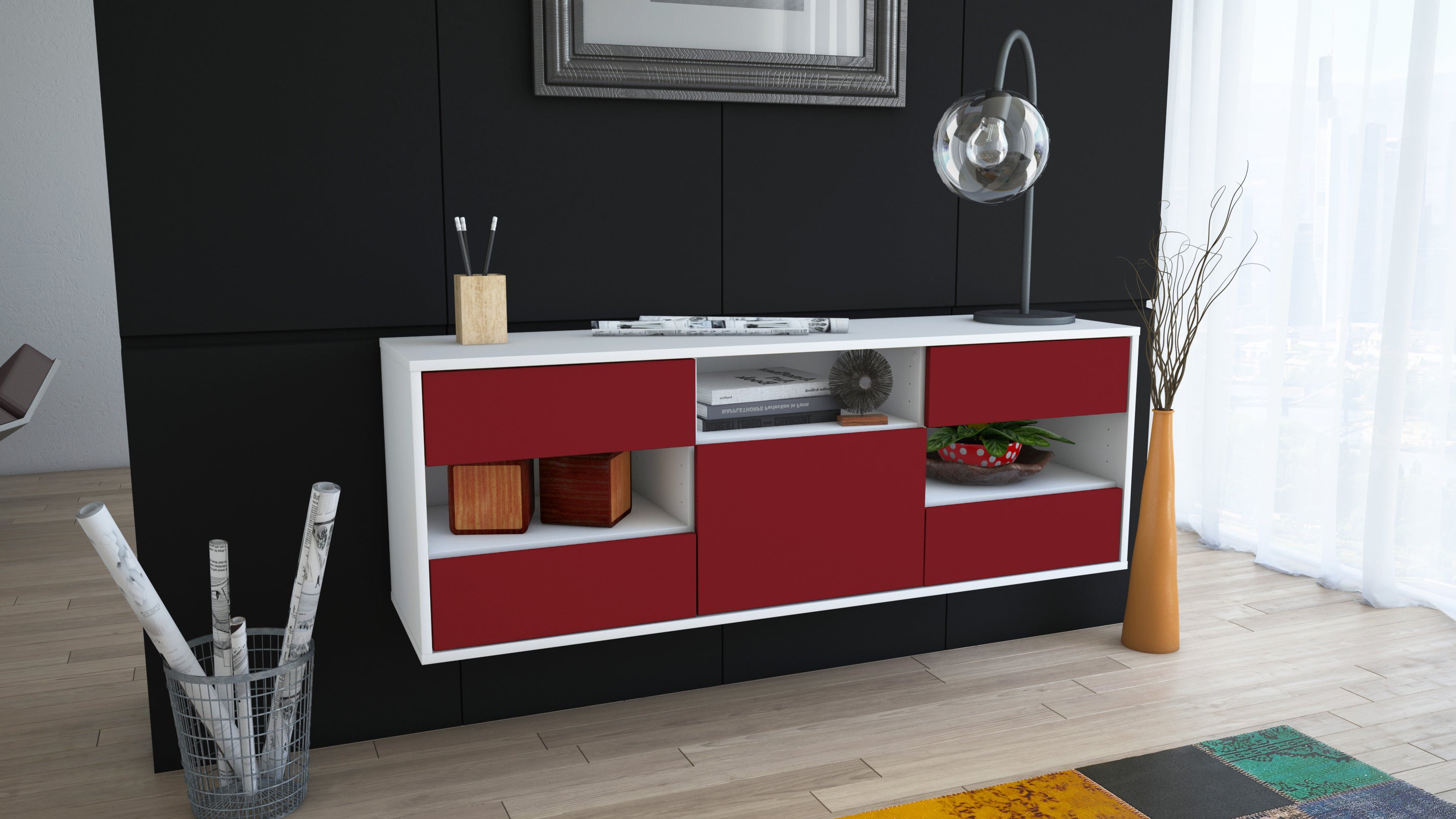 Lowboard - Annunziata - Design Farbakzent - Wandmontage mit Push to Open 136 cm Weiss