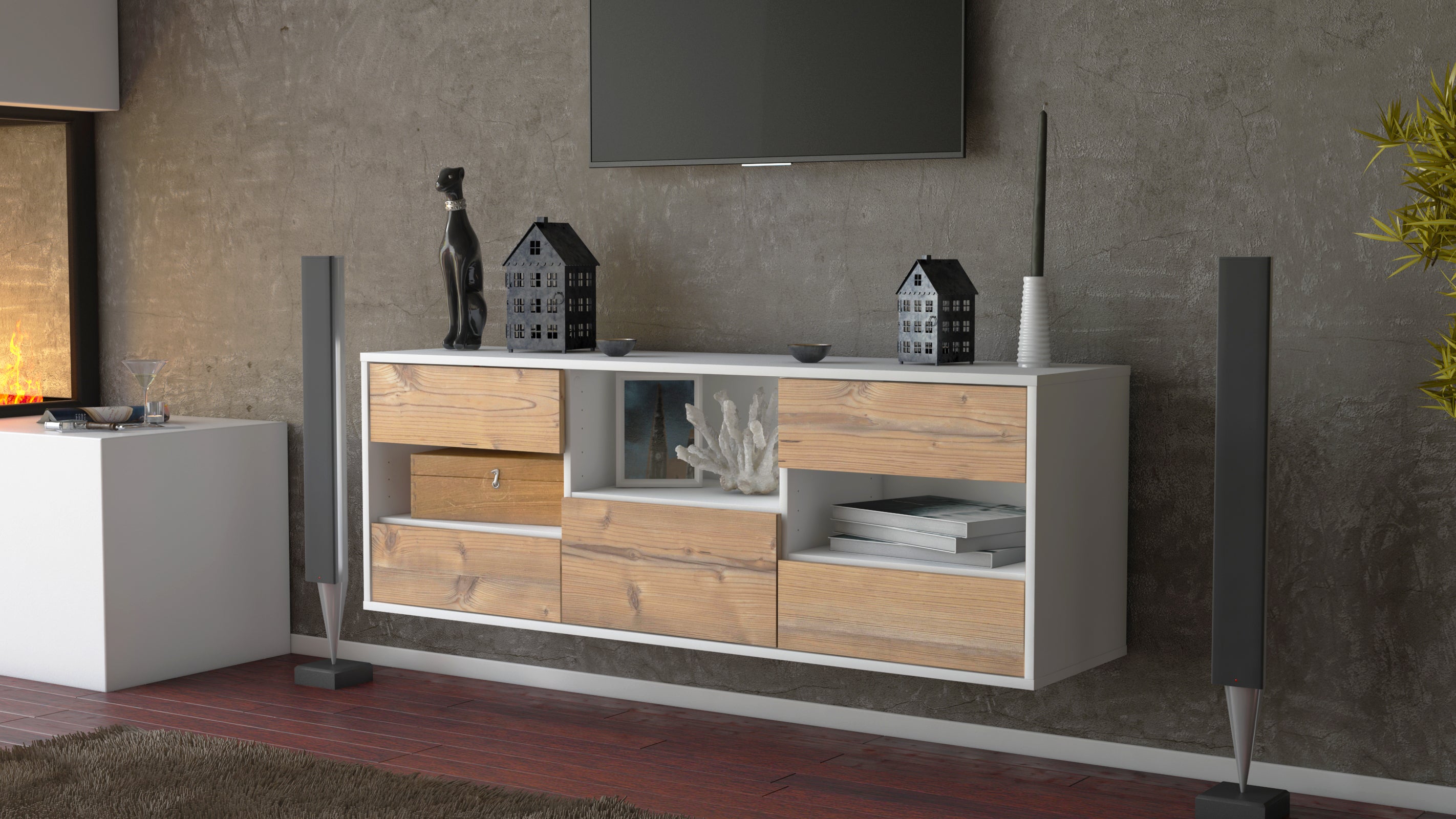 Lowboard - Antonella - Design Holzdekor - Wandmontage mit Push to Open 136 cm Weiss