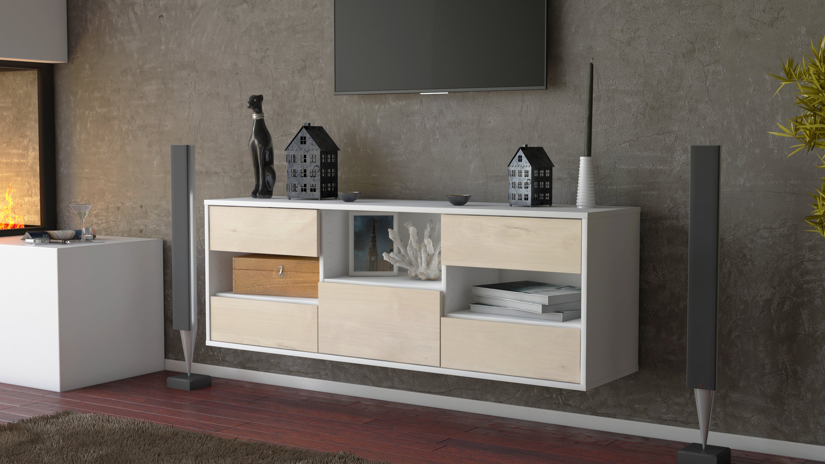 Lowboard - Antonella - Design Holzdekor - Wandmontage mit Push to Open 136 cm Weiss