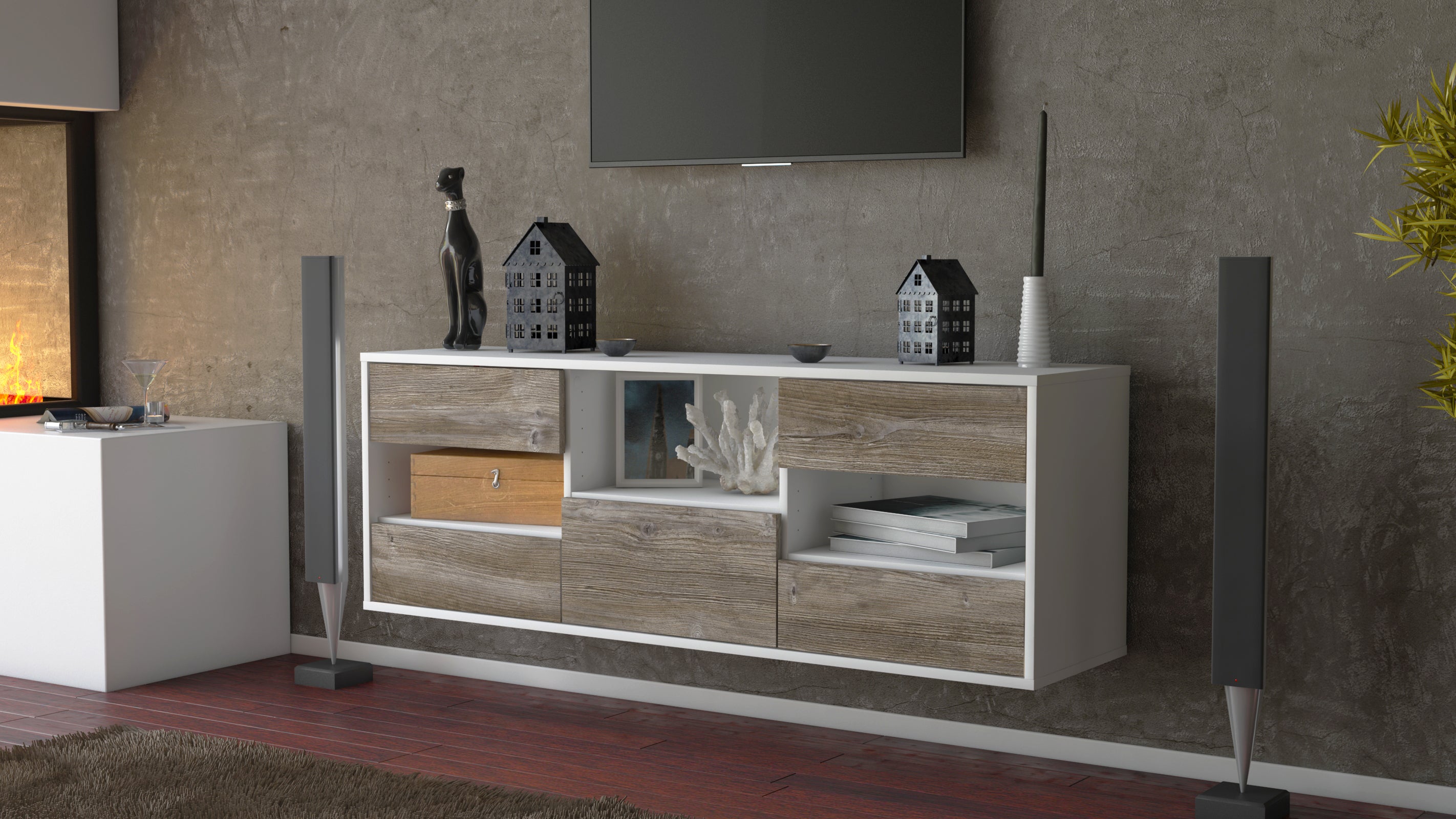 Lowboard - Antonella - Design Holzdekor - Wandmontage mit Push to Open 136 cm Weiss