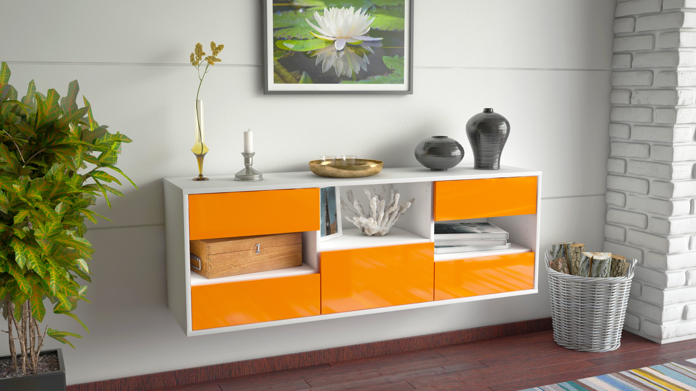 Lowboard - Antonella - Design Hochglanz - Wandmontage mit Push to Open 136 cm Weiss