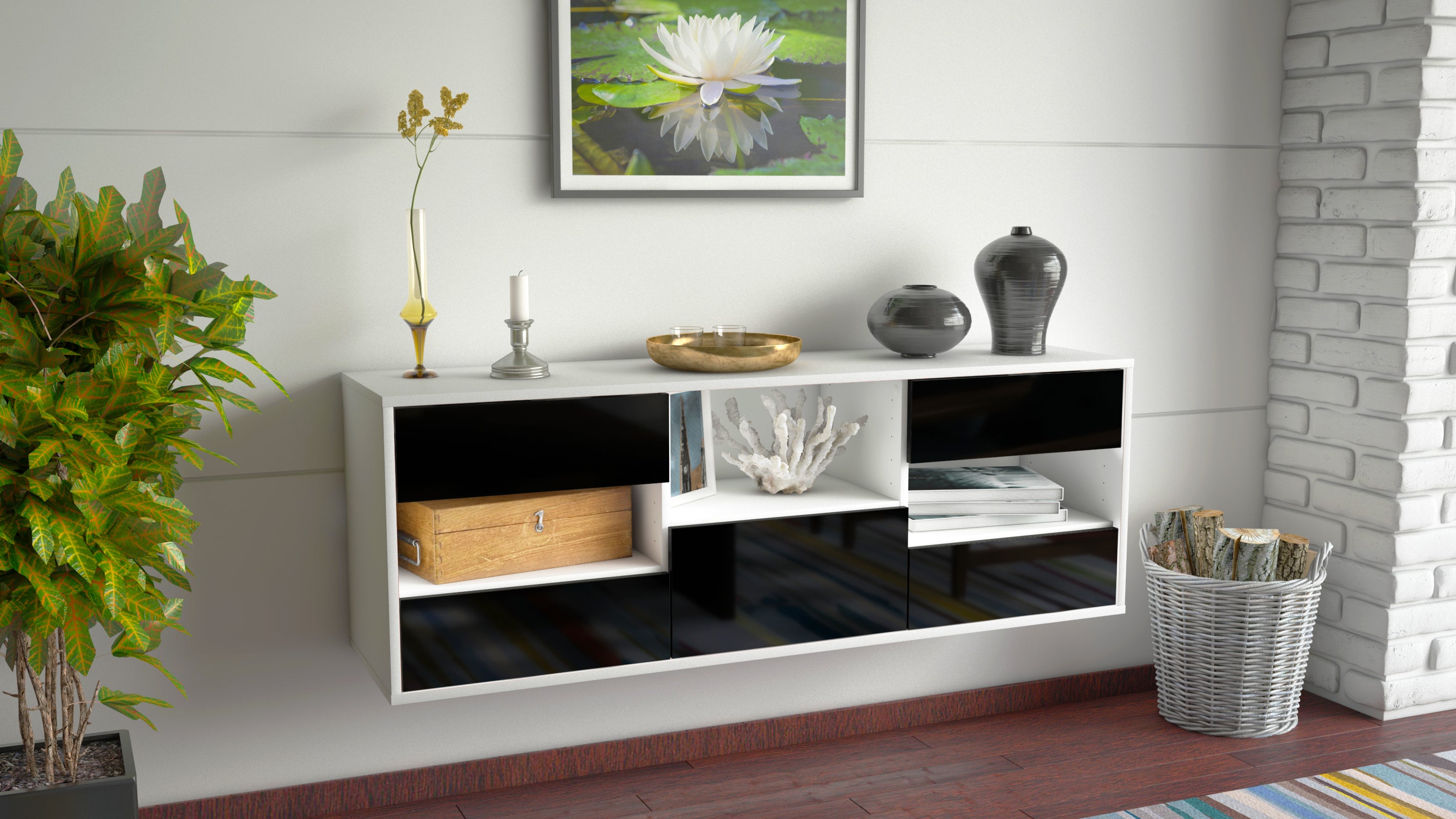 Lowboard - Antonella - Design Hochglanz - Wandmontage mit Push to Open 136 cm Weiss