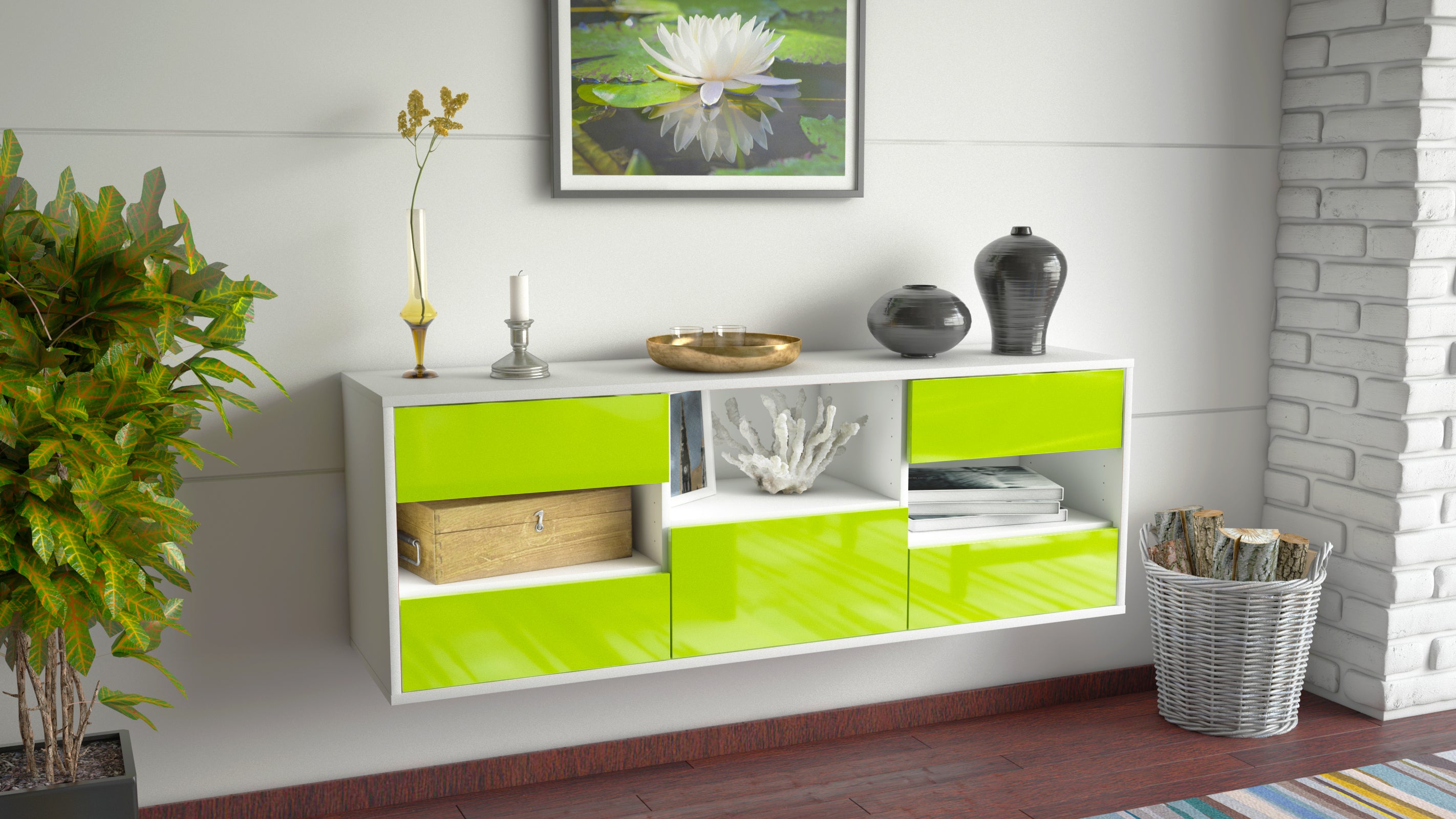 Lowboard - Antonella - Design Hochglanz - Wandmontage mit Push to Open 136 cm Weiss
